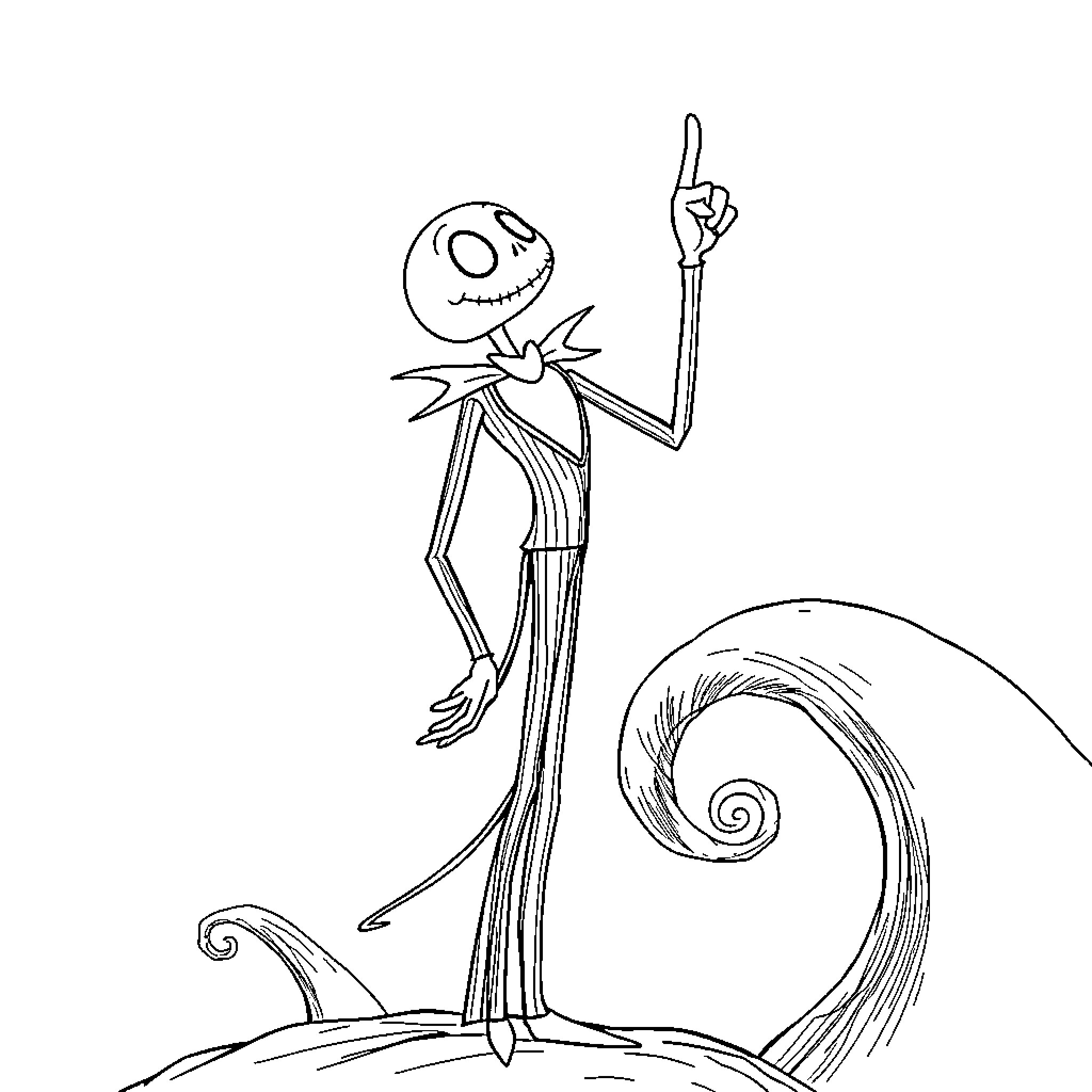 Jack Skeleton pointing with an eerie expression Coloring Page (free black-and-white line drawing printable PDF for all, from beginners to advanced learners, including children, teens, adults, and seniors)