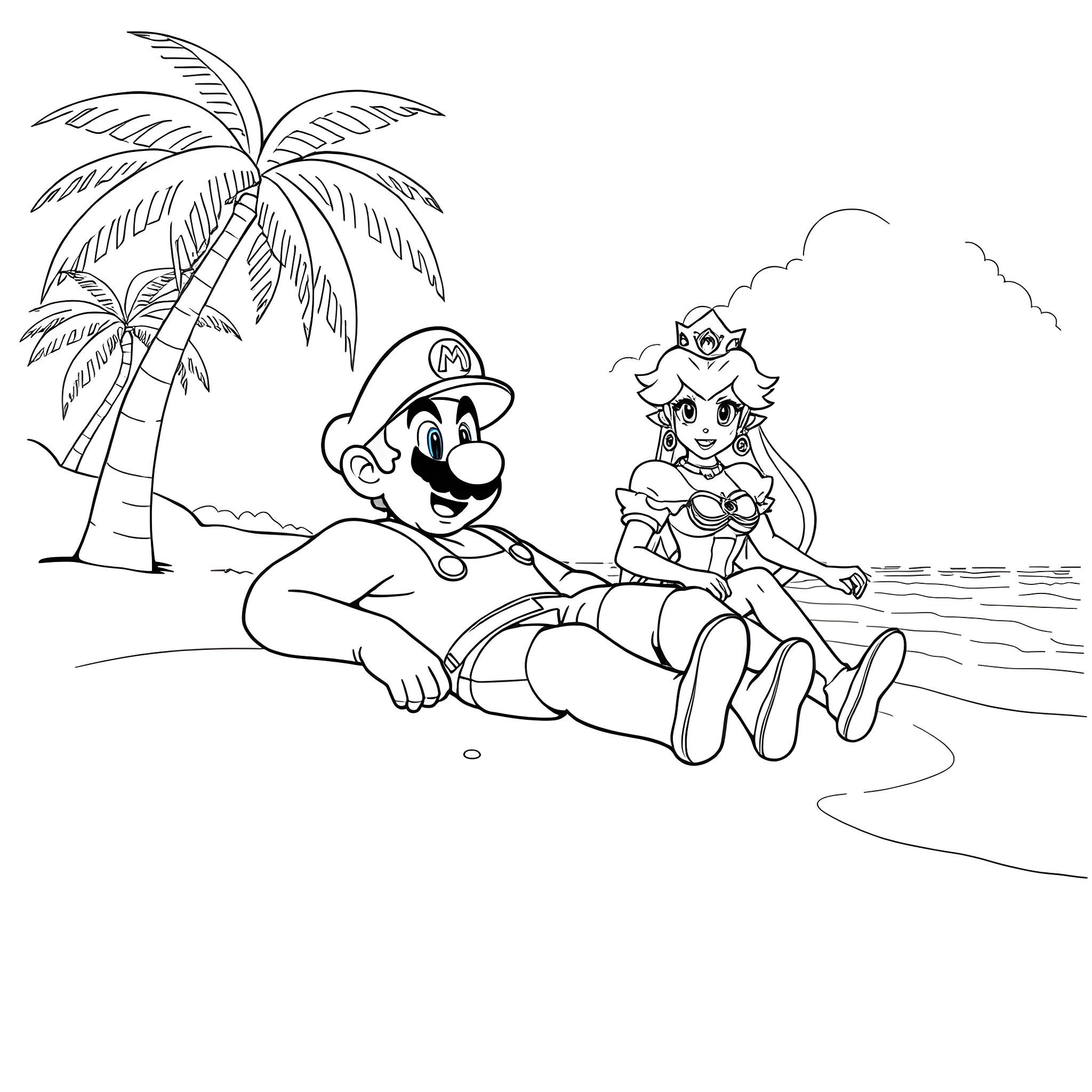 Mario and Princess Relaxing on the Beach Coloring Page (free black-and-white line drawing printable PDF for all, from beginners to advanced learners, including children, teens, adults, and seniors)