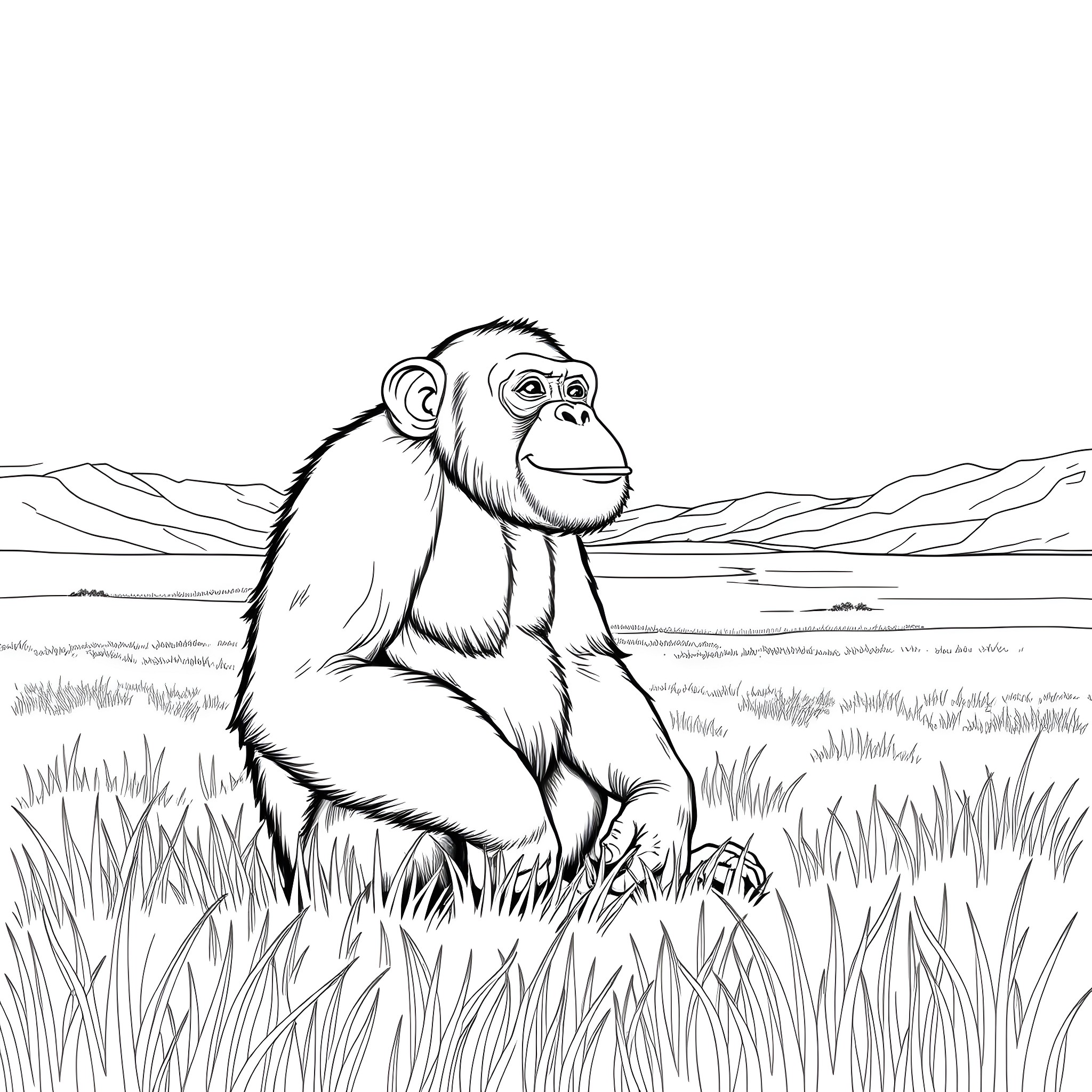Chimpanzee sitting contemplatively in the wilderness Coloring Page (free black-and-white line drawing printable PDF for all, from beginners to advanced learners, including children, teens, adults, and seniors)