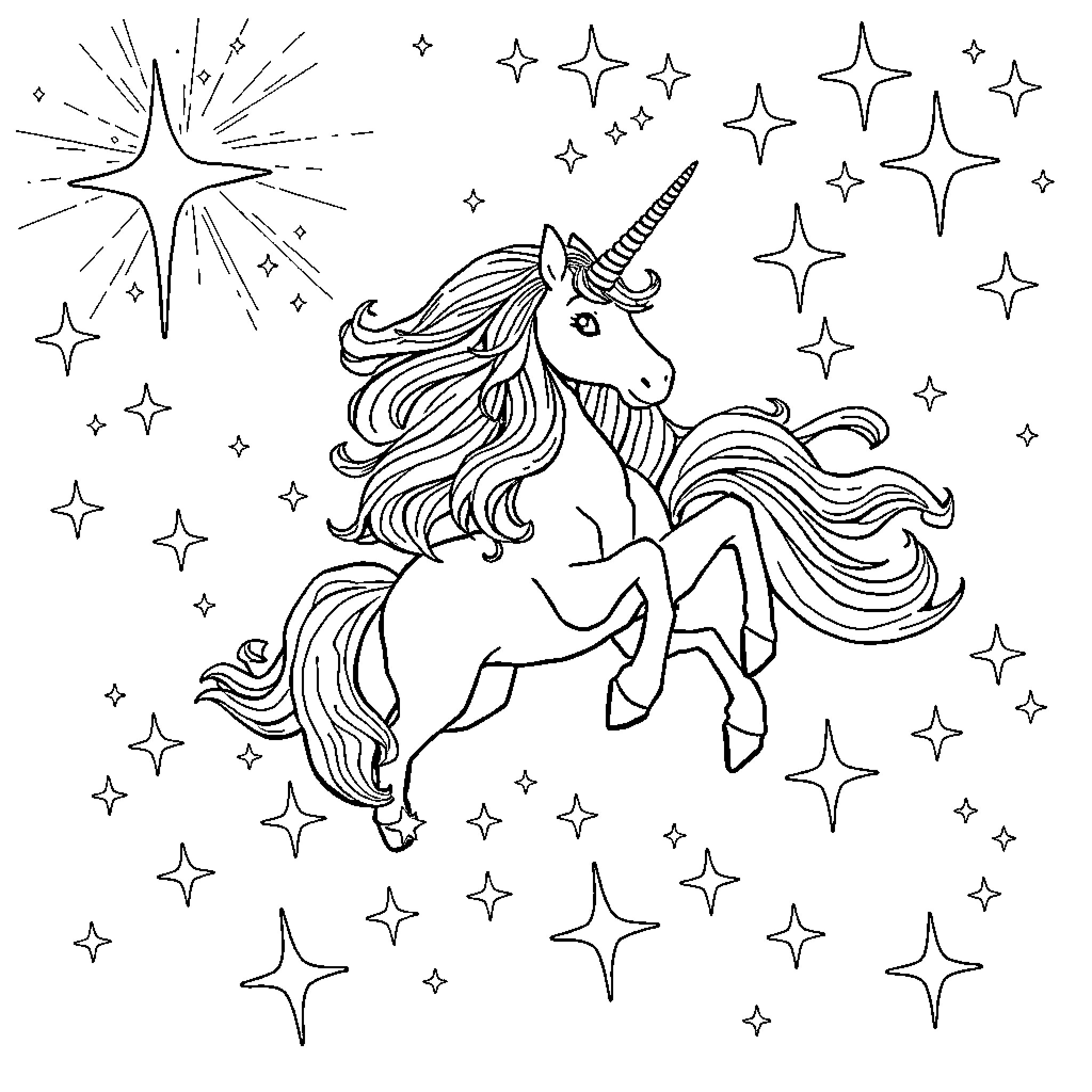 Unicorn frolicking among sparkling stars Coloring Page (free black-and-white line drawing printable PDF for all, from beginners to advanced learners, including children, teens, adults, and seniors)
