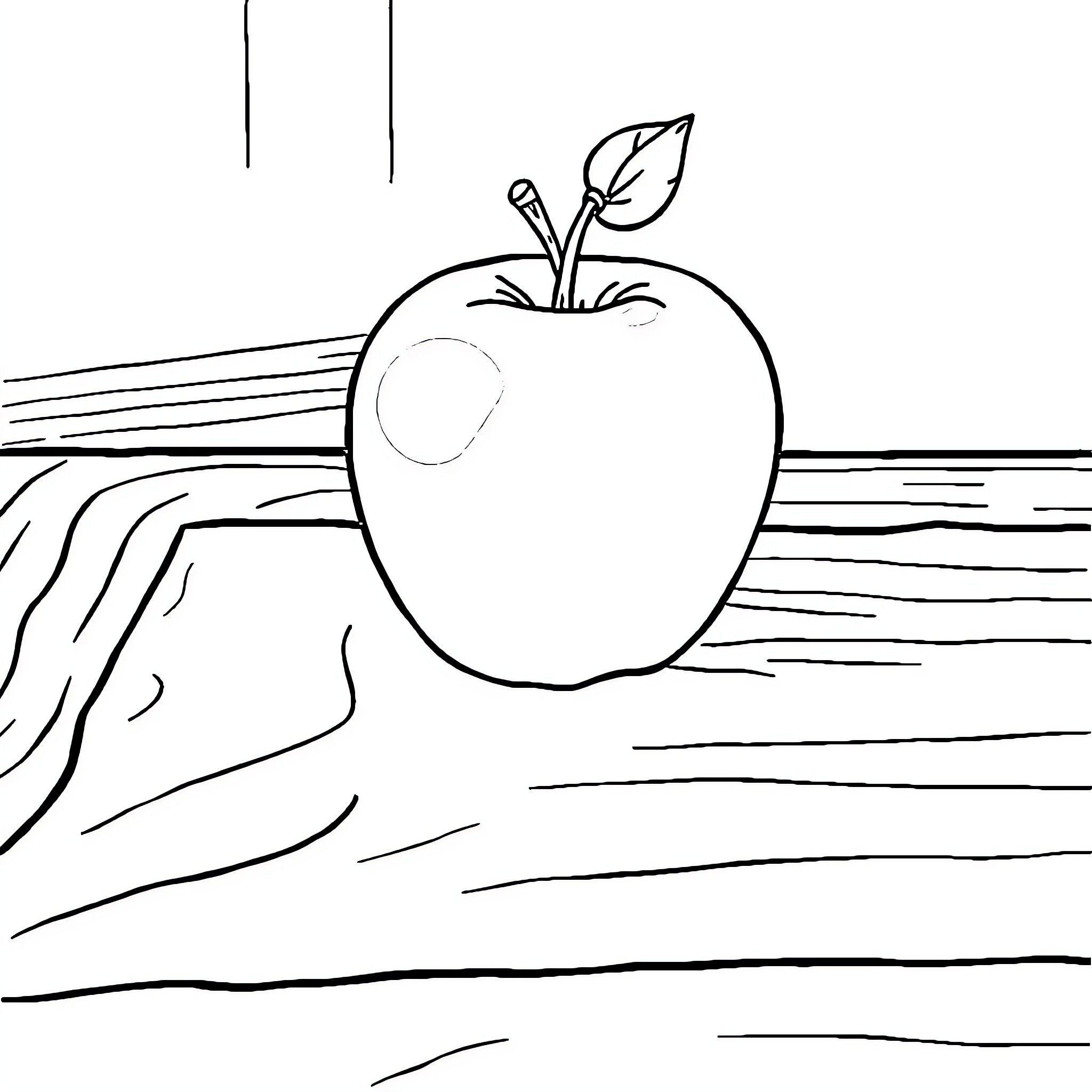 Apple on a Wooden Surface Coloring Page (free black-and-white line drawing printable PDF for all, from beginners to advanced learners, including children, teens, adults, and seniors)