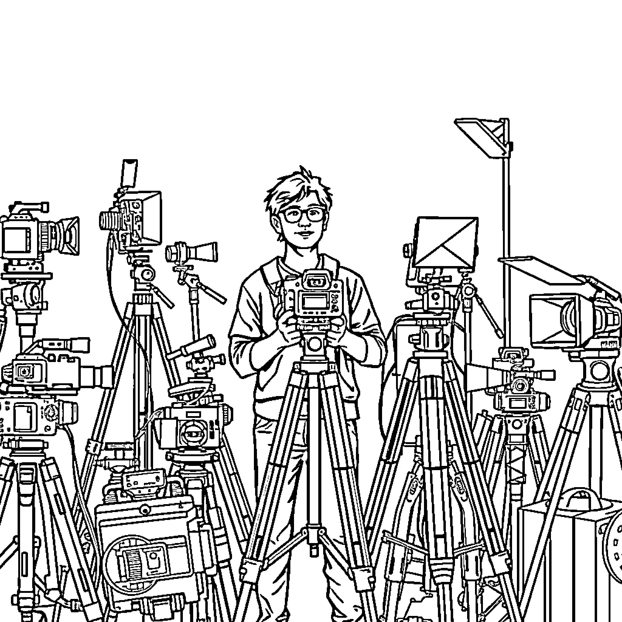 Videomaker capturing the scene with various equipment Coloring Page (free black-and-white line drawing printable PDF for all, from beginners to advanced learners, including children, teens, adults, and seniors)