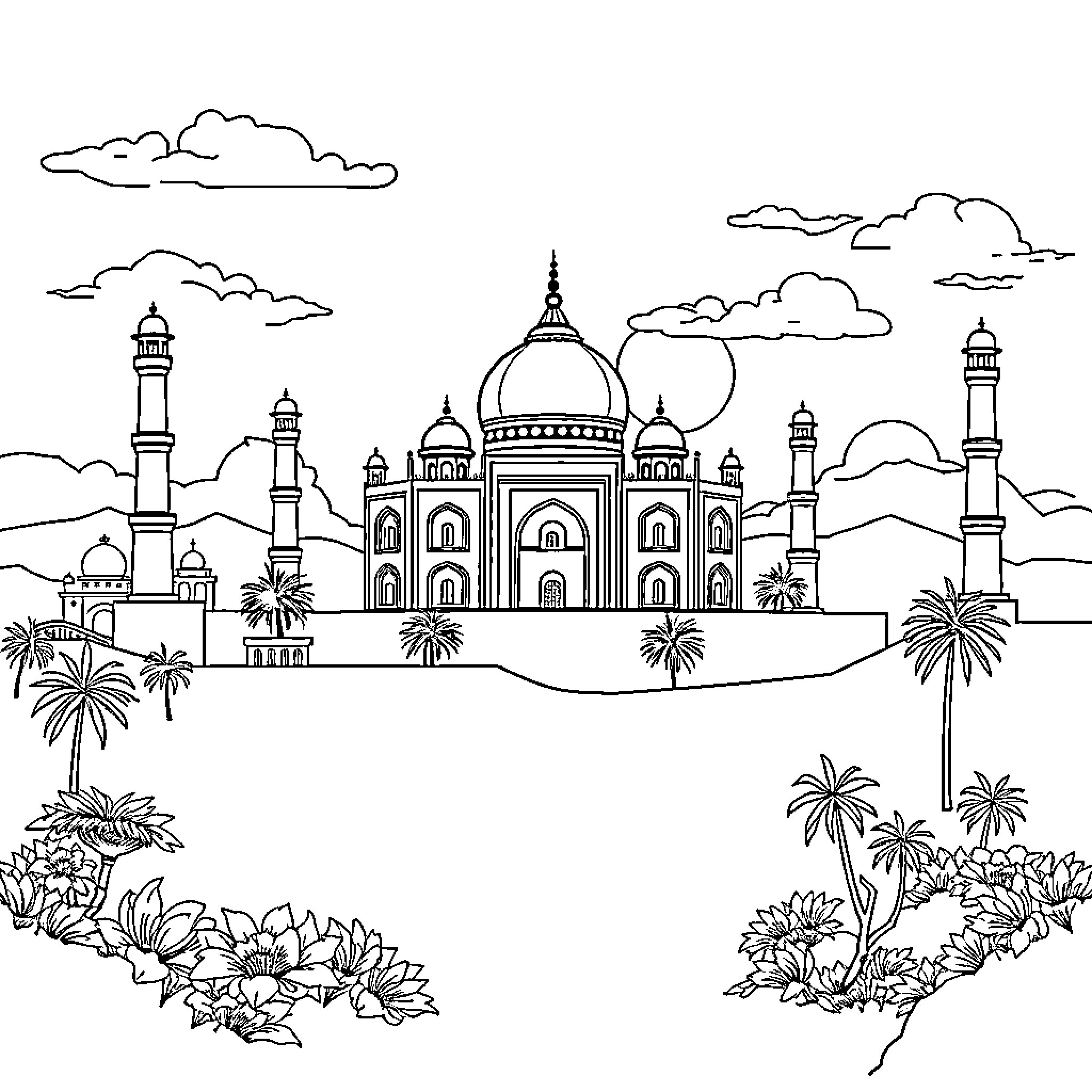 India's Iconic Architectural Landscape Illustration Coloring Page (free black-and-white line drawing printable PDF for all, from beginners to advanced learners, including children, teens, adults, and seniors)
