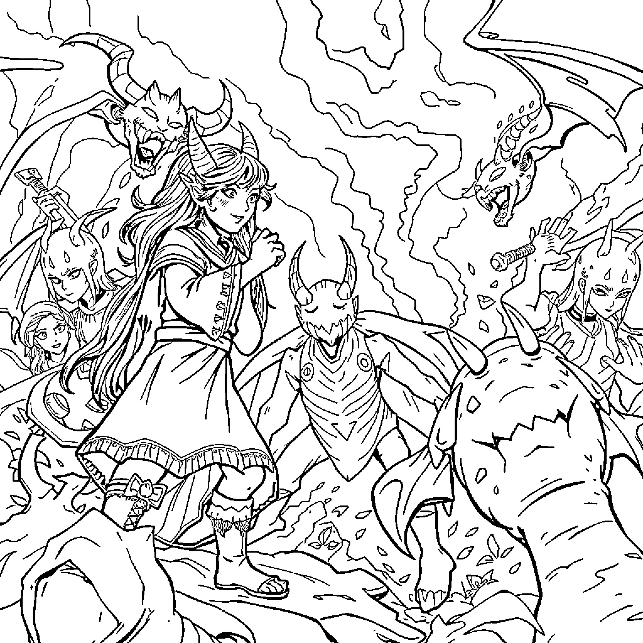 Rumi's Fantastical Encounter with Otherworldly Beings Coloring Page (free black-and-white line drawing printable PDF for all, from beginners to advanced learners, including children, teens, adults, and seniors)