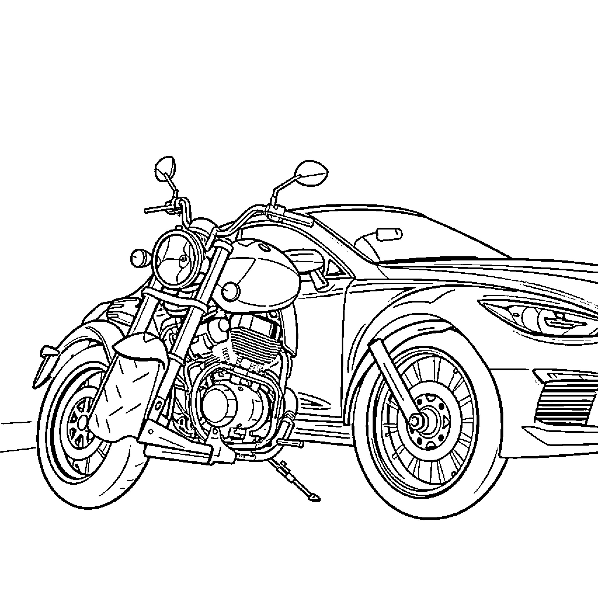 Motorcycle with rider on the road Coloring Page (free black-and-white line drawing printable PDF for all, from beginners to advanced learners, including children, teens, adults, and seniors)