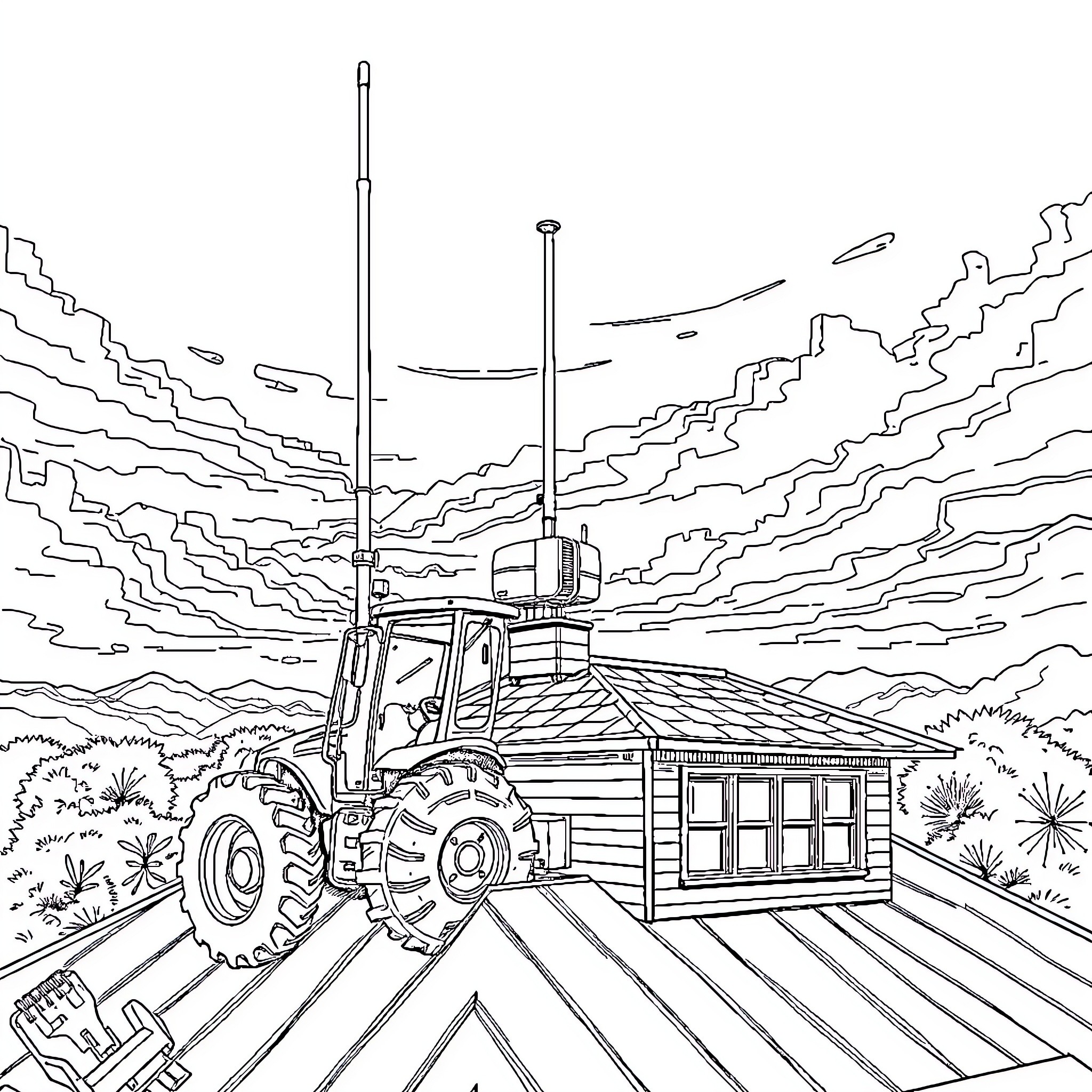 Kinematic Base Station with Farming Equipment in Landscape Coloring Page (free black-and-white line drawing printable PDF for all, from beginners to advanced learners, including children, teens, adults, and seniors)