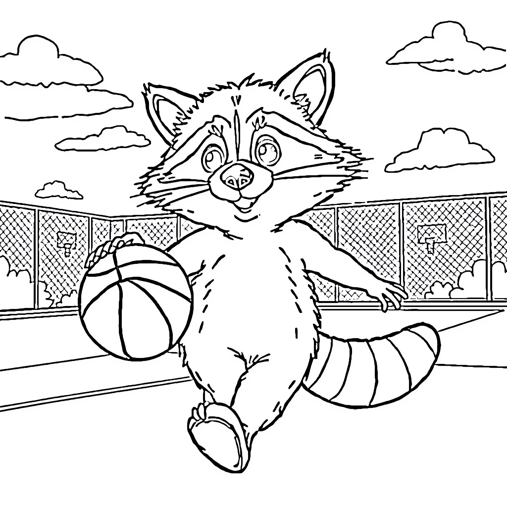 Raccoon playing basketball on the court Coloring Page (free black-and-white line drawing printable PDF for all, from beginners to advanced learners, including children, teens, adults, and seniors)