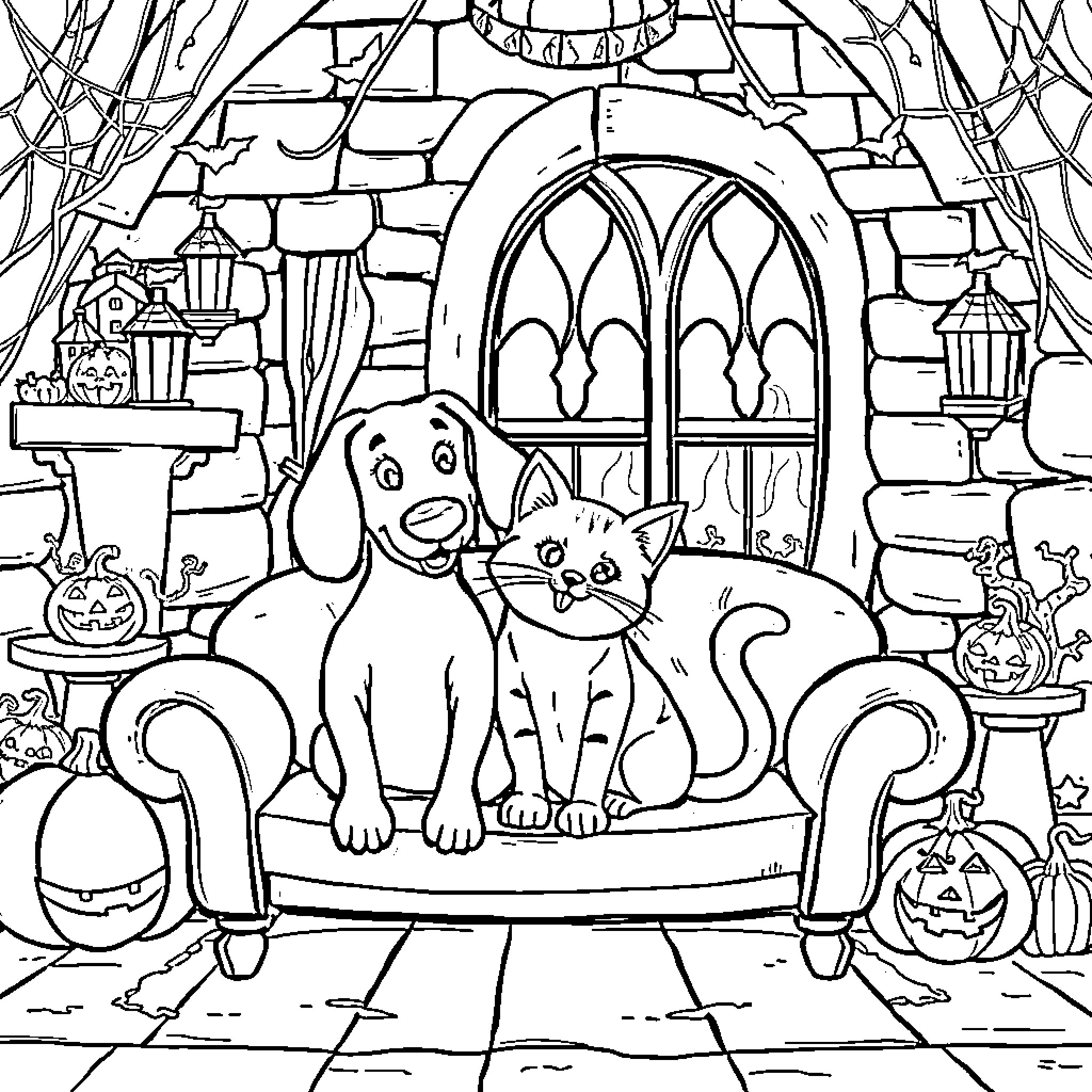 Sausage Dog and Cat Relaxing in Haunted Castle Coloring Page (free black-and-white line drawing printable PDF for all, from beginners to advanced learners, including children, teens, adults, and seniors)
