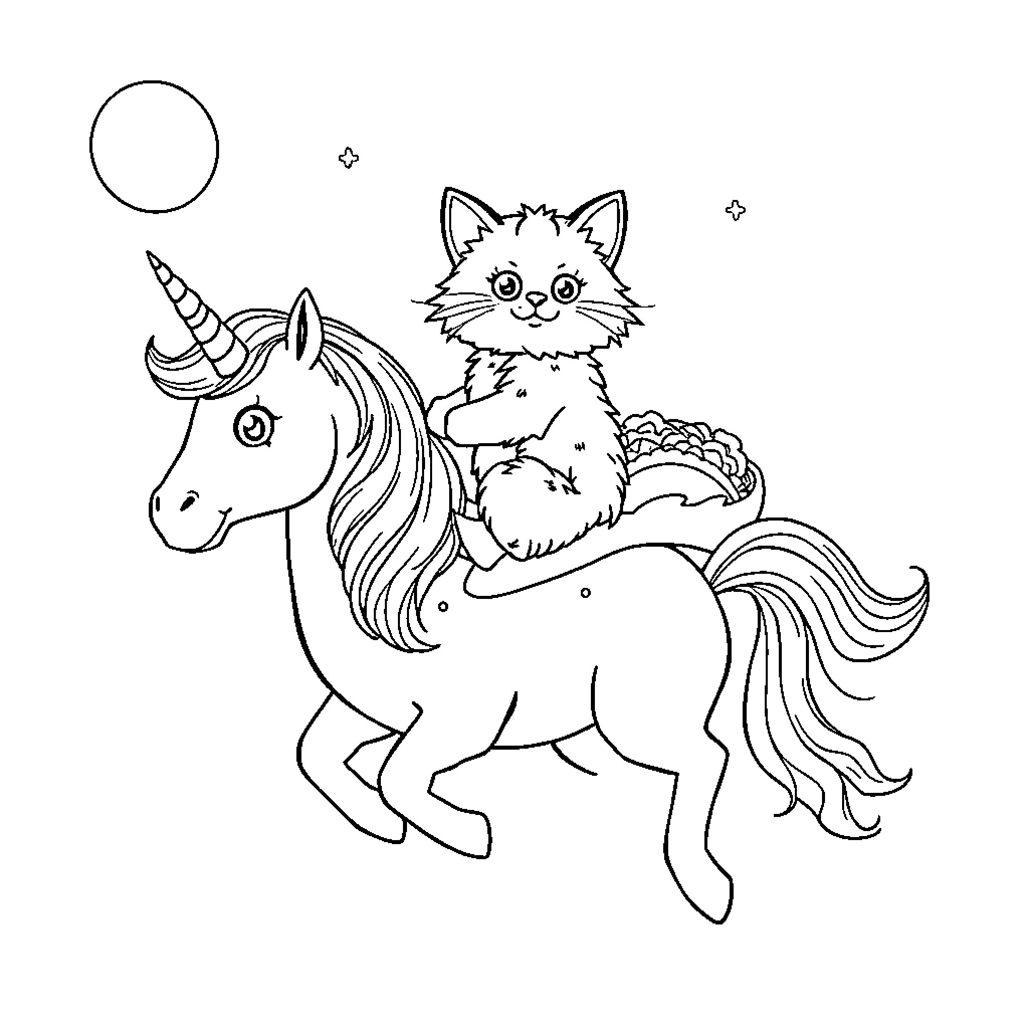 Cat riding a magical unicorn Coloring Page (free black-and-white line drawing printable PDF for all, from beginners to advanced learners, including children, teens, adults, and seniors)