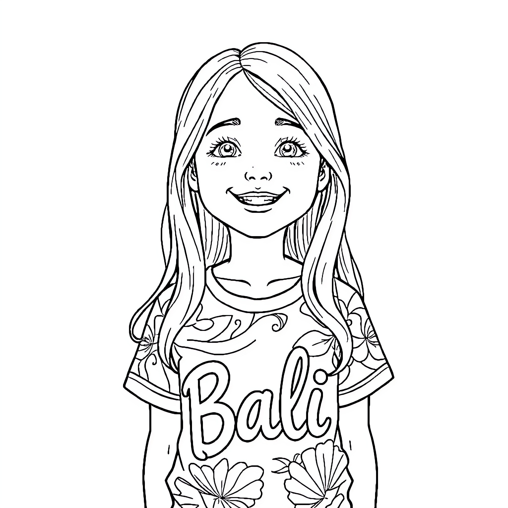 Girl in patterned dress smiling happily Coloring Page (free black-and-white line drawing printable PDF for all, from beginners to advanced learners, including children, teens, adults, and seniors)