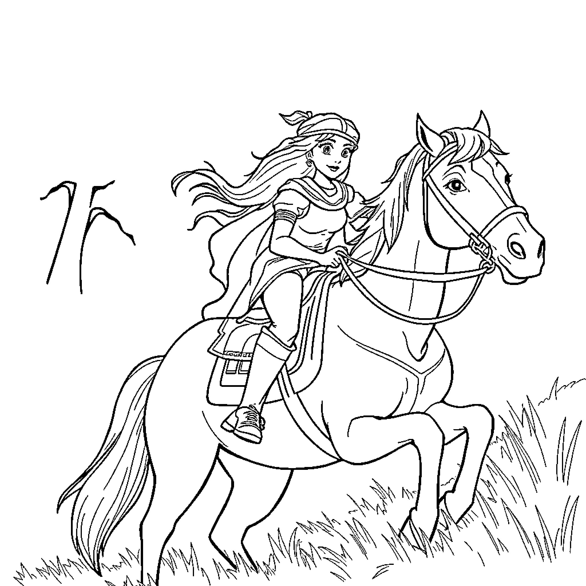 Horse rider in traditional costume riding through field Coloring Page (free black-and-white line drawing printable PDF for all, from beginners to advanced learners, including children, teens, adults, and seniors)
