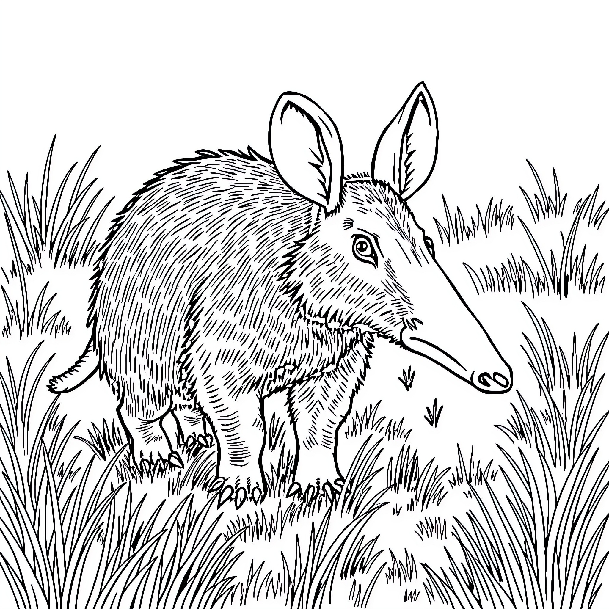 Aardvark exploring lush vegetation Coloring Page (free black-and-white line drawing printable PDF for all, from beginners to advanced learners, including children, teens, adults, and seniors)