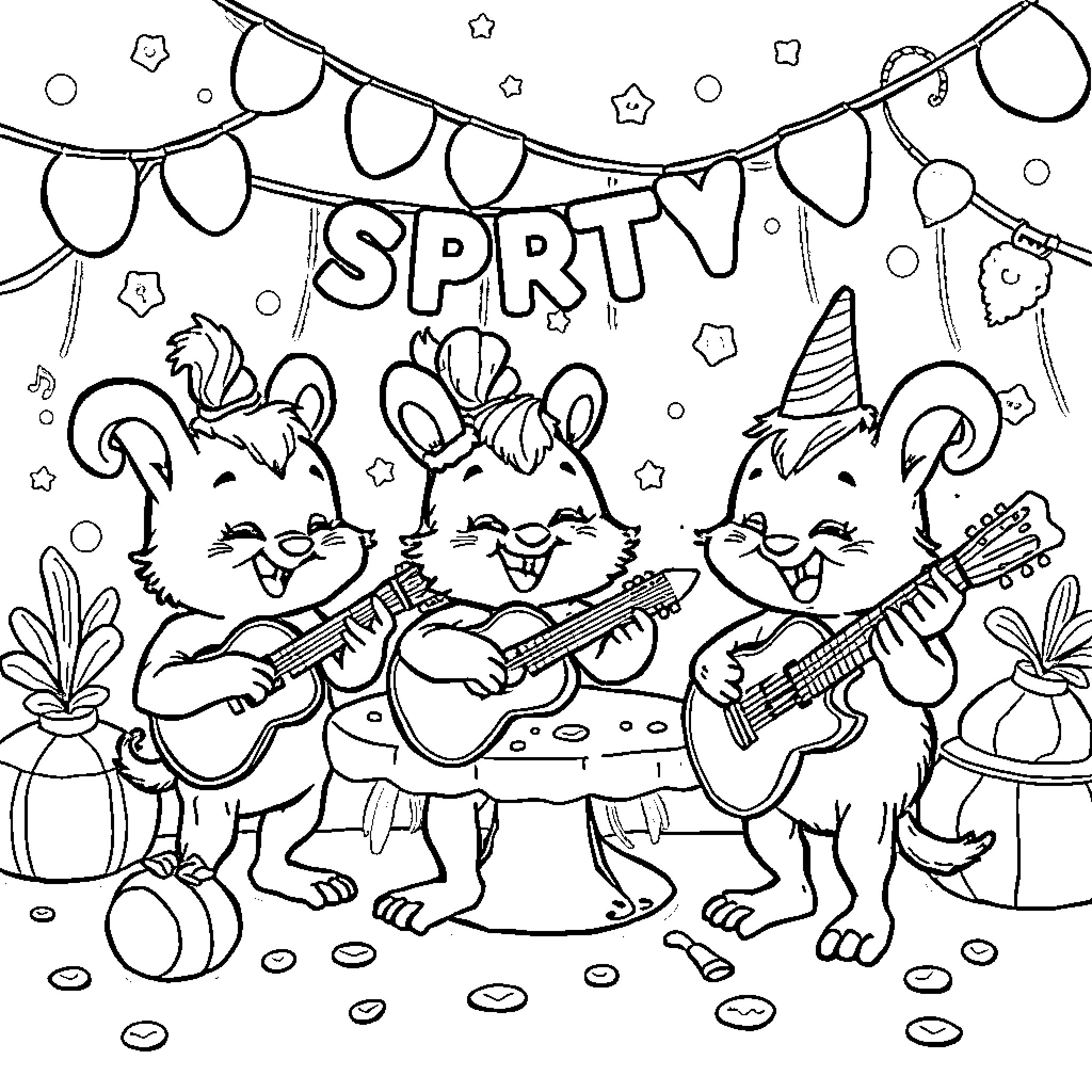 Sprunki Having a Musical Party Coloring Page (free black-and-white line drawing printable PDF for all, from beginners to advanced learners, including children, teens, adults, and seniors)