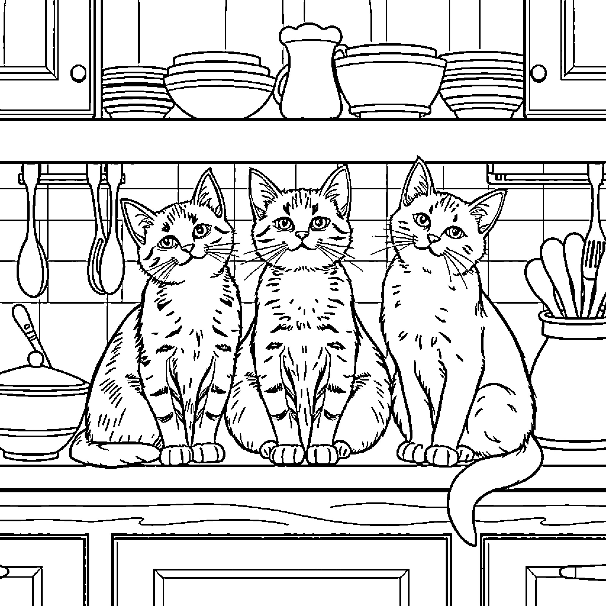 Cats Observing the Kitchen Shelves Coloring Page (free black-and-white line drawing printable PDF for all, from beginners to advanced learners, including children, teens, adults, and seniors)