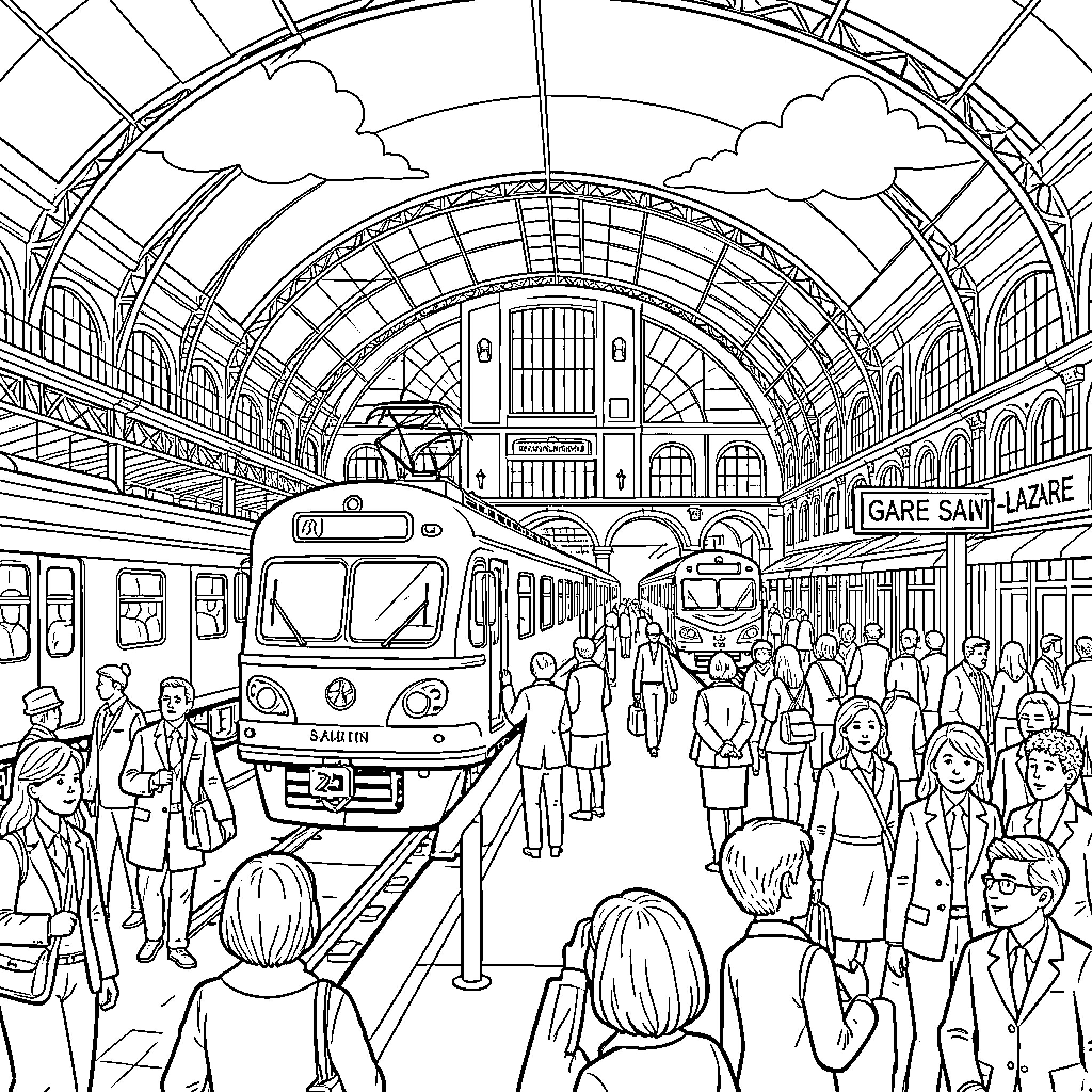 Train arriving at a busy crowded station platform Coloring Page (free black-and-white line drawing printable PDF for all, from beginners to advanced learners, including children, teens, adults, and seniors)