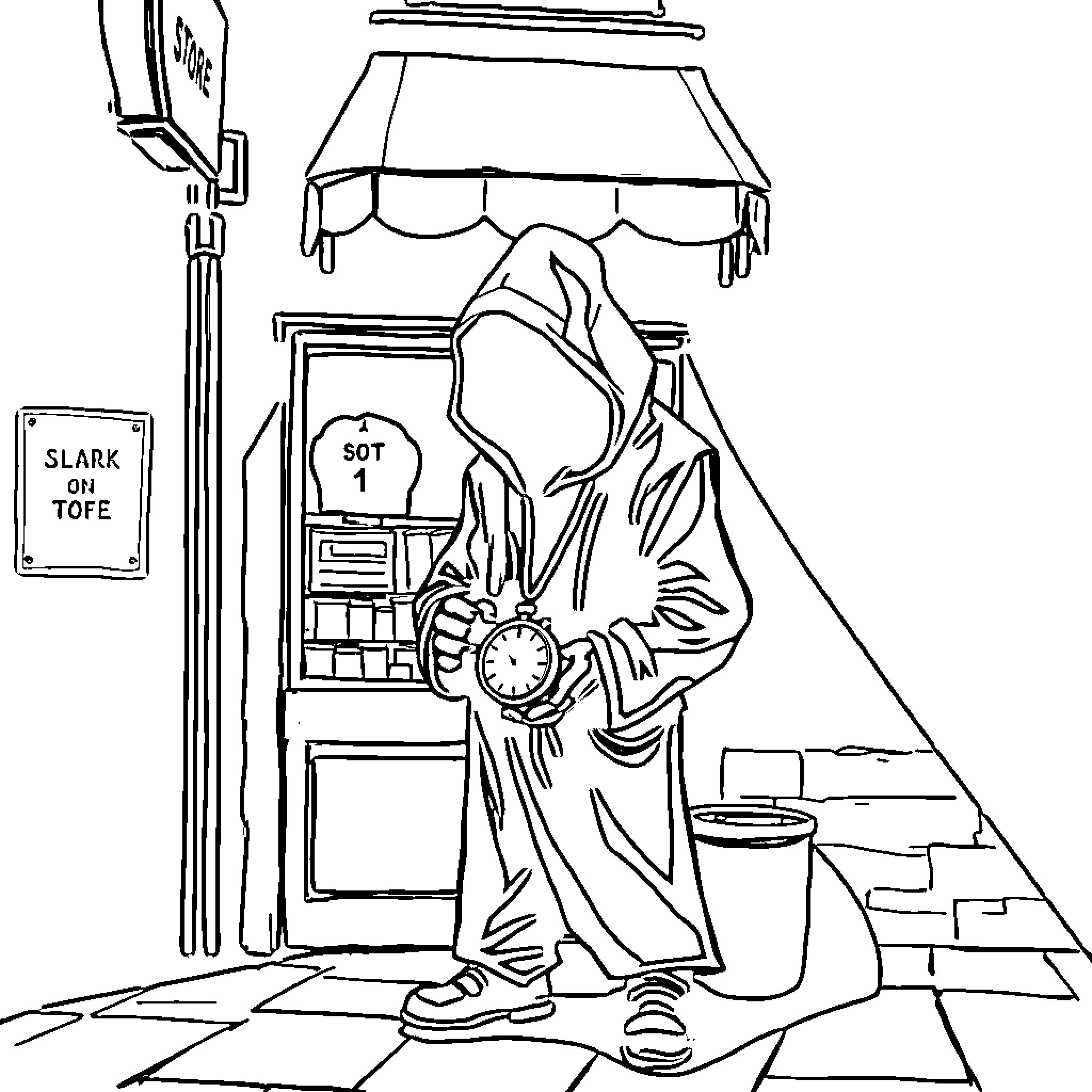 Figure of a person standing outside with a lamp and sign Coloring Page (free black-and-white line drawing printable PDF for all, from beginners to advanced learners, including children, teens, adults, and seniors)