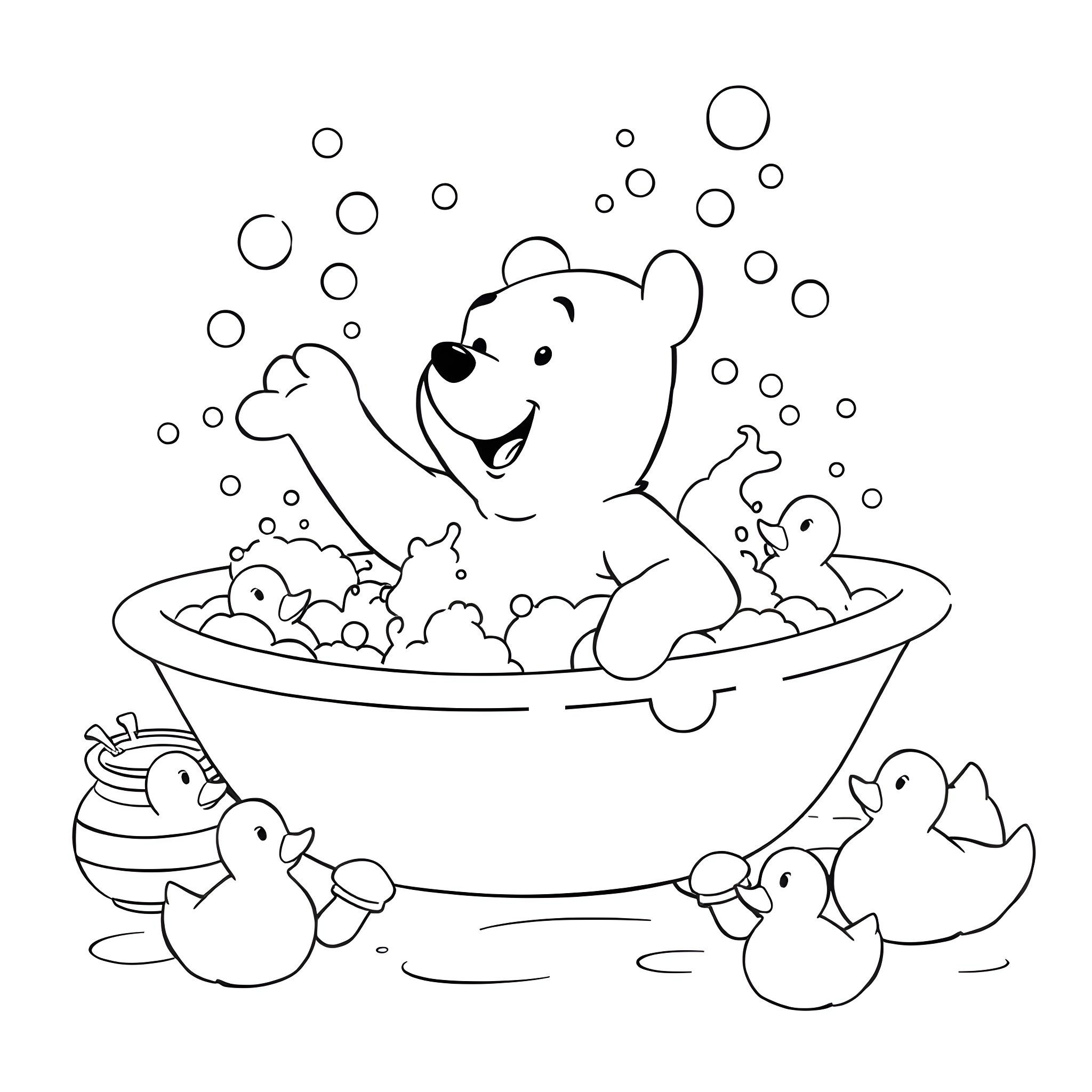 Winnie The Pooh enjoying a bubbly bath with animal friends Coloring Page (free black-and-white line drawing printable PDF for all, from beginners to advanced learners, including children, teens, adults, and seniors)