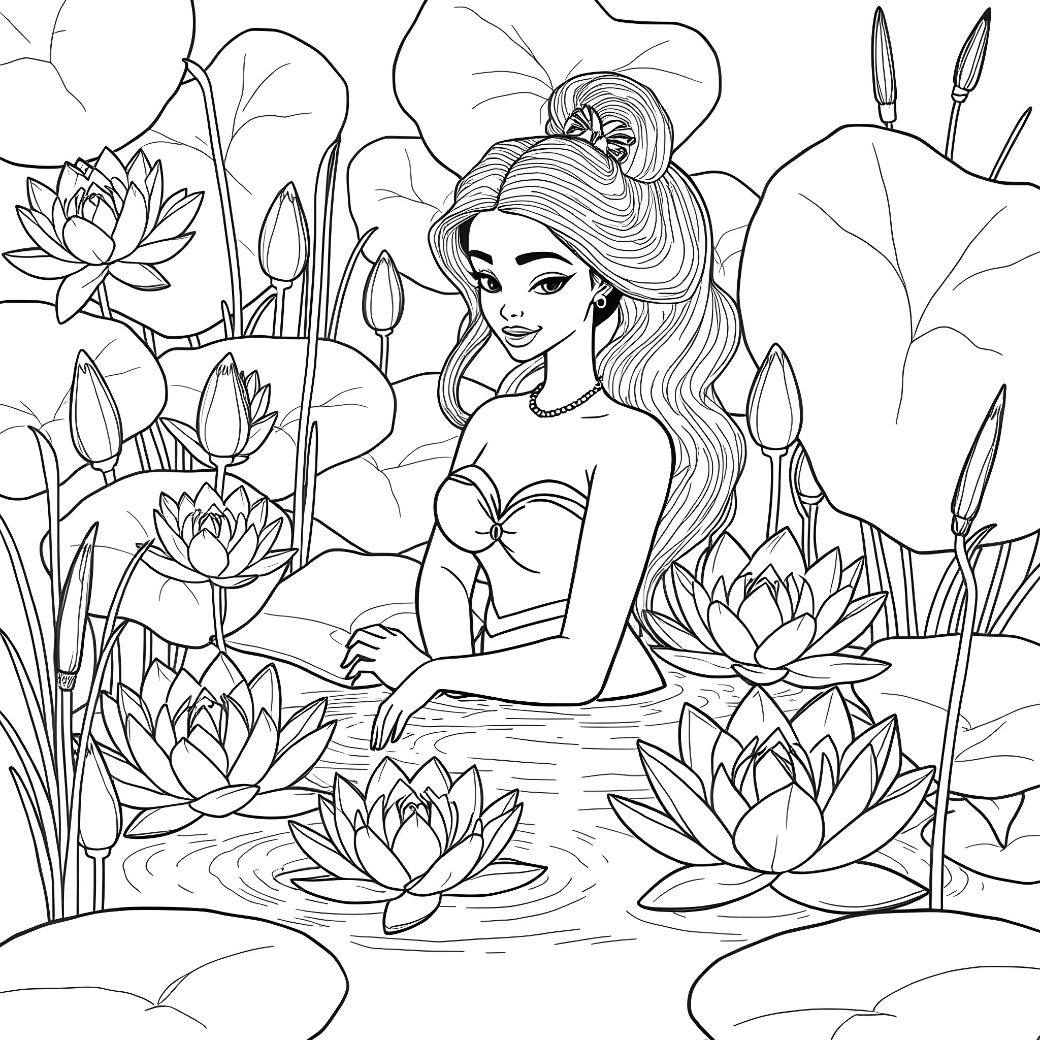 Tiana admiring the lotus flowers in the pond Coloring Page (free black-and-white line drawing printable PDF for all, from beginners to advanced learners, including children, teens, adults, and seniors)