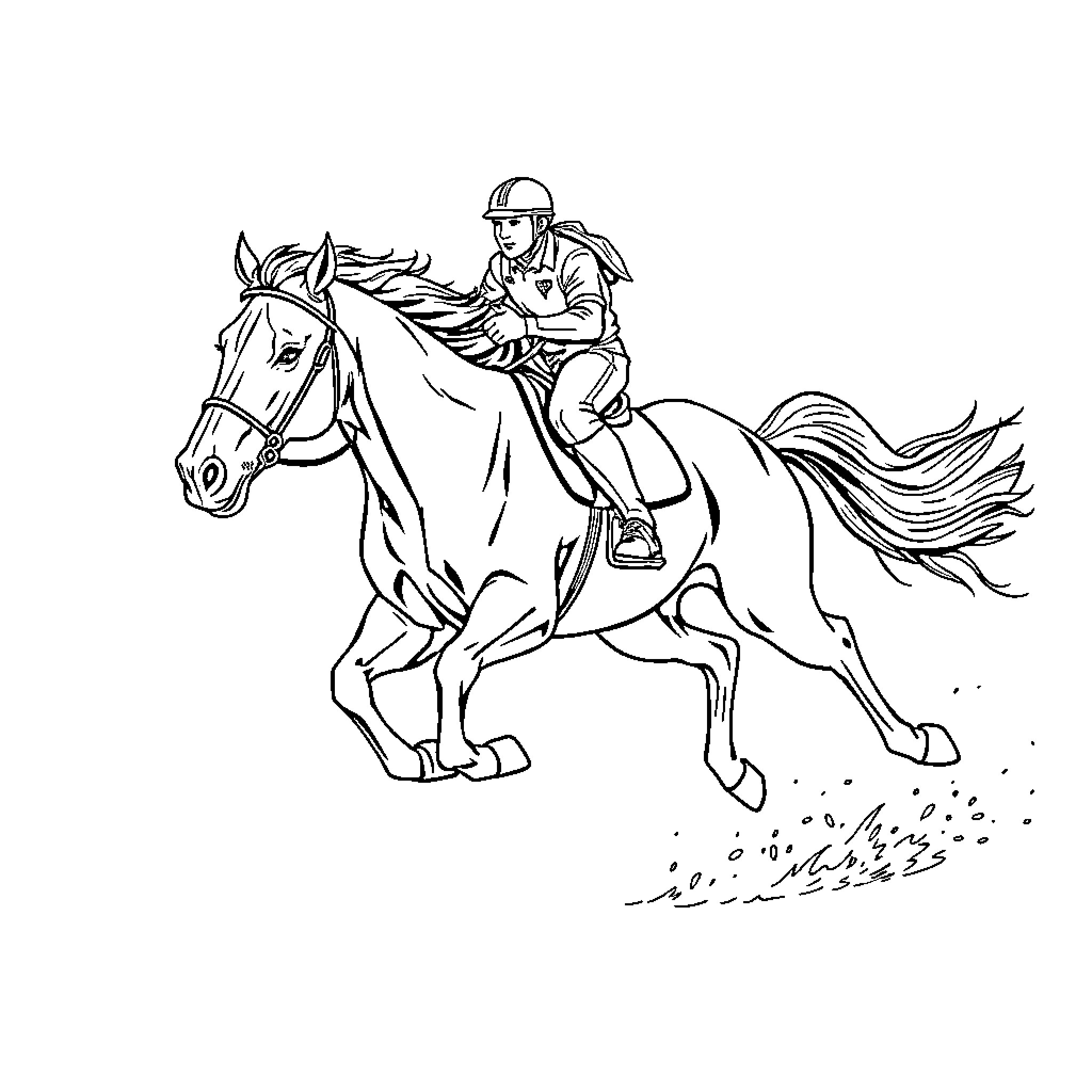 Horse Rider in Racing Attire Galloping Forward Coloring Page (free black-and-white line drawing printable PDF for all, from beginners to advanced learners, including children, teens, adults, and seniors)