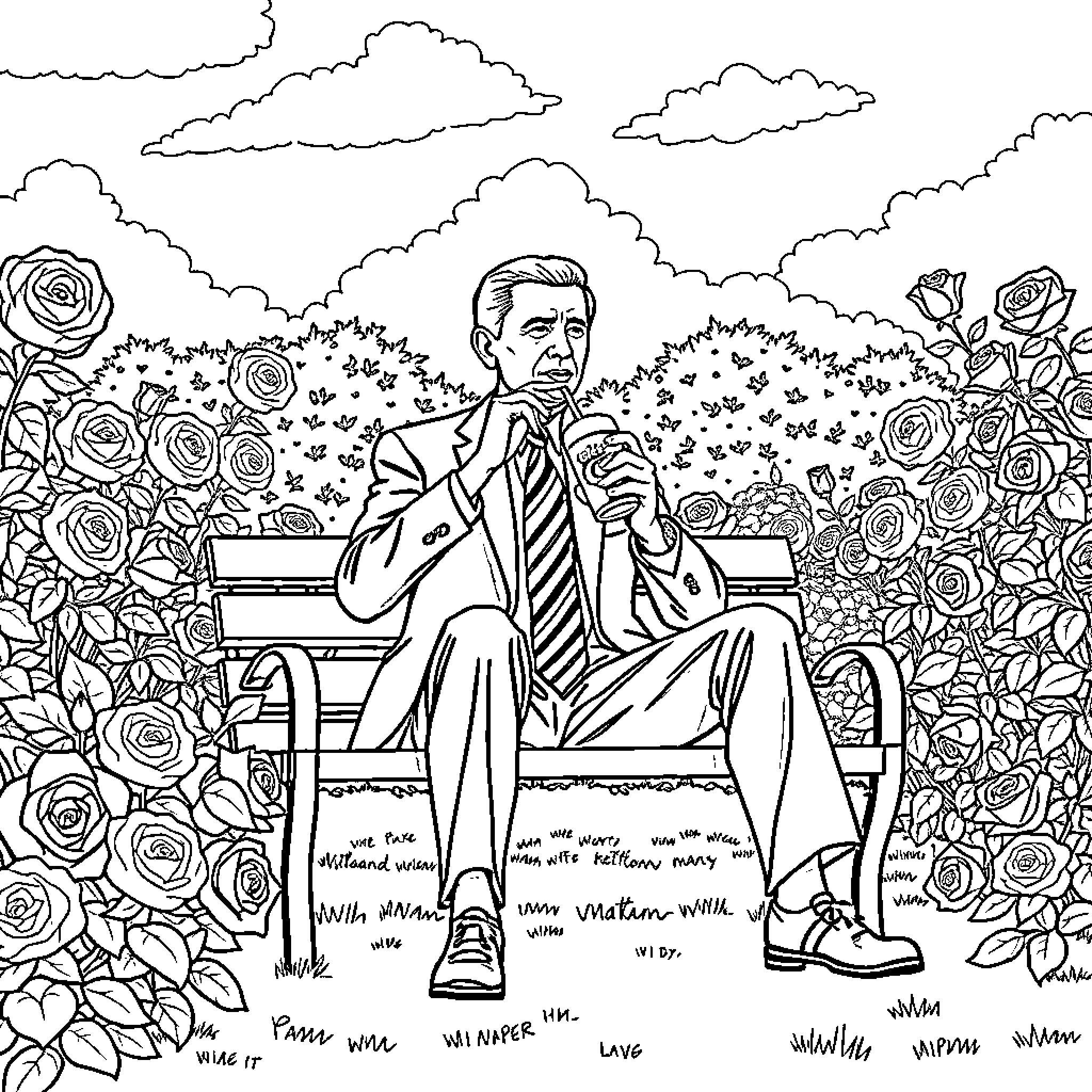 President enjoying a peaceful moment in the rose garden Coloring Page (free black-and-white line drawing printable PDF for all, from beginners to advanced learners, including children, teens, adults, and seniors)