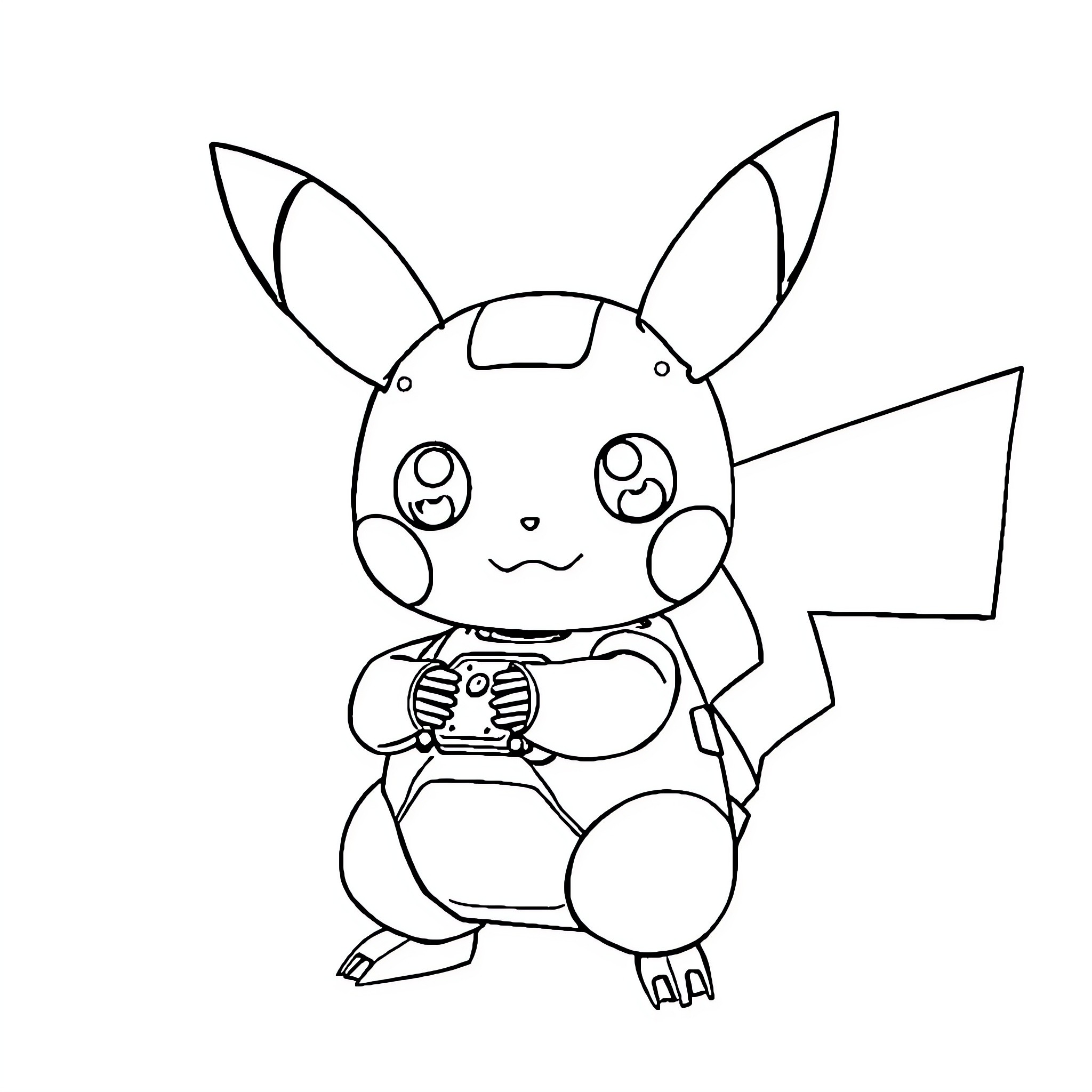 Pikachu playing video game with controller Coloring Page (free black-and-white line drawing printable PDF for all, from beginners to advanced learners, including children, teens, adults, and seniors)