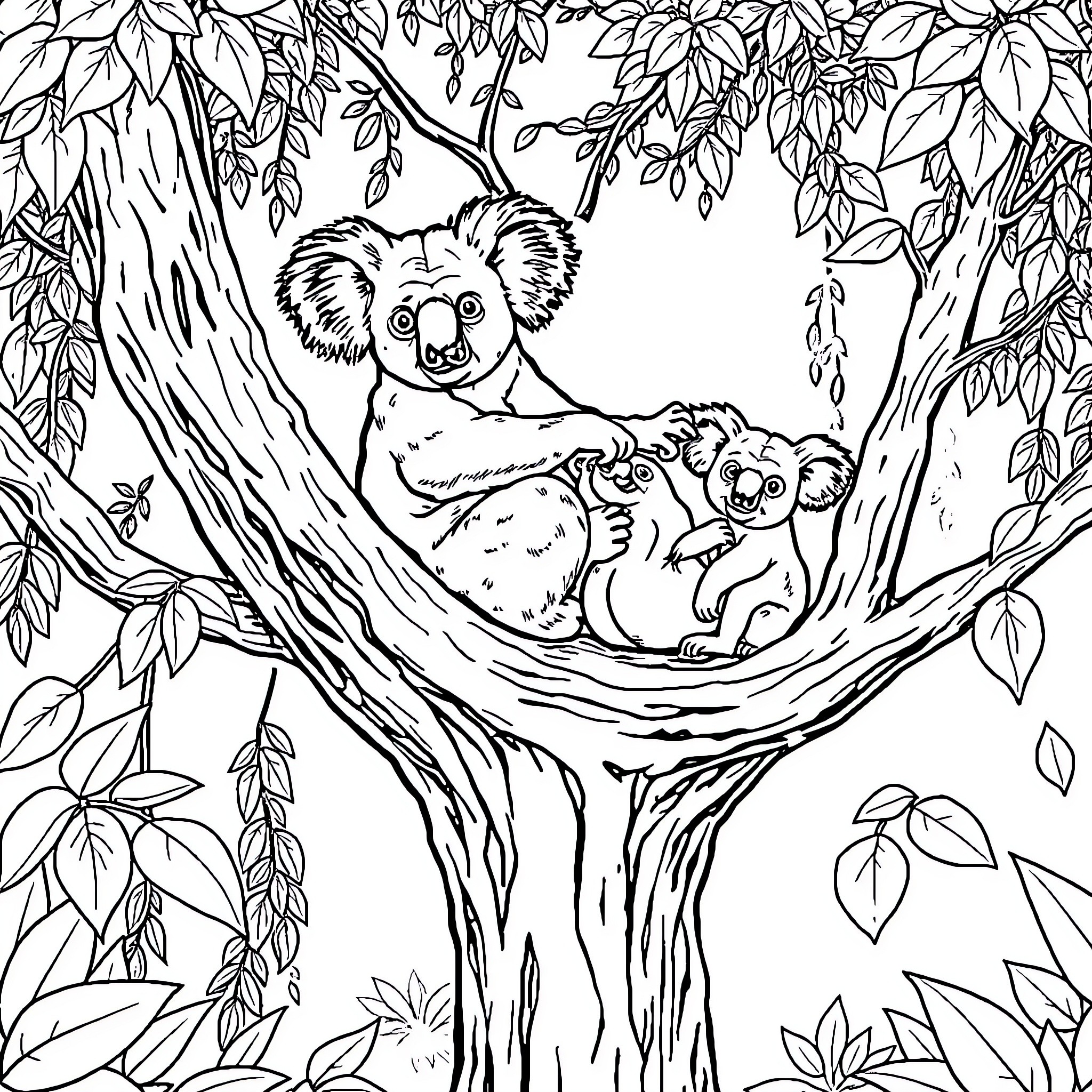 Koala mom and baby relaxing in a tree Coloring Page (free black-and-white line drawing printable PDF for all, from beginners to advanced learners, including children, teens, adults, and seniors)