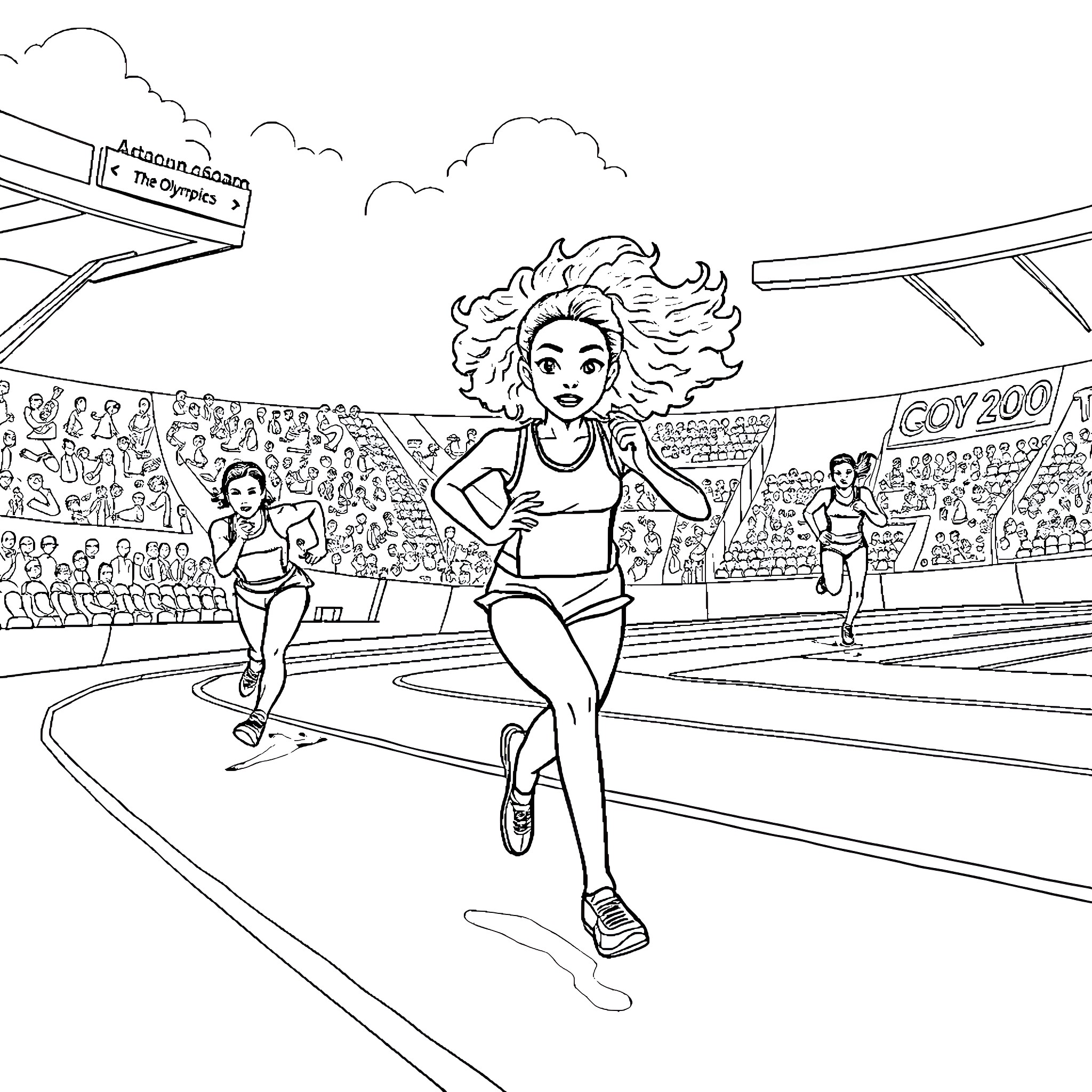 Girl Running in Track and Field Competition Coloring Page (free black-and-white line drawing printable PDF for all, from beginners to advanced learners, including children, teens, adults, and seniors)