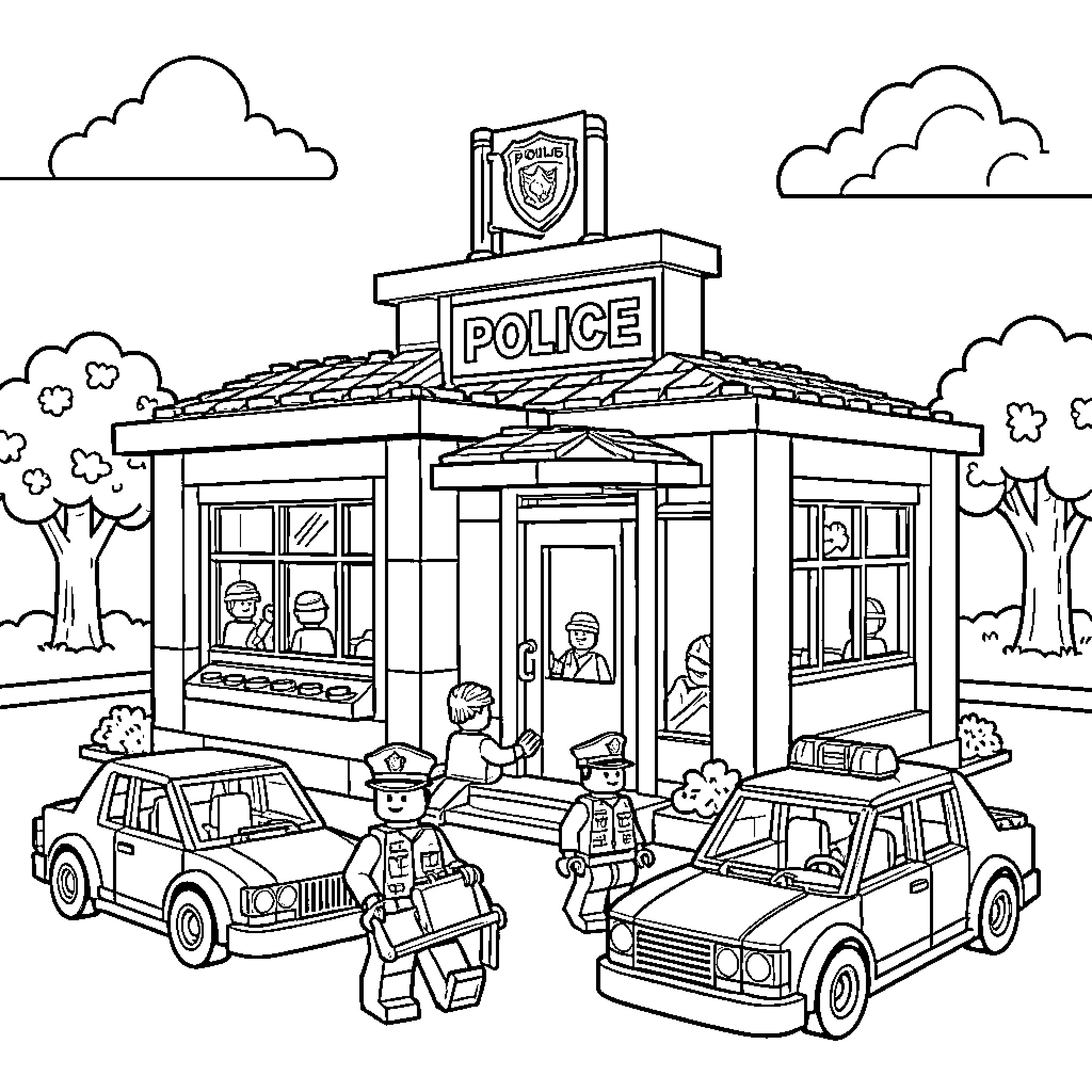Police House with officers and patrol cars Coloring Page (free black-and-white line drawing printable PDF for all, from beginners to advanced learners, including children, teens, adults, and seniors)