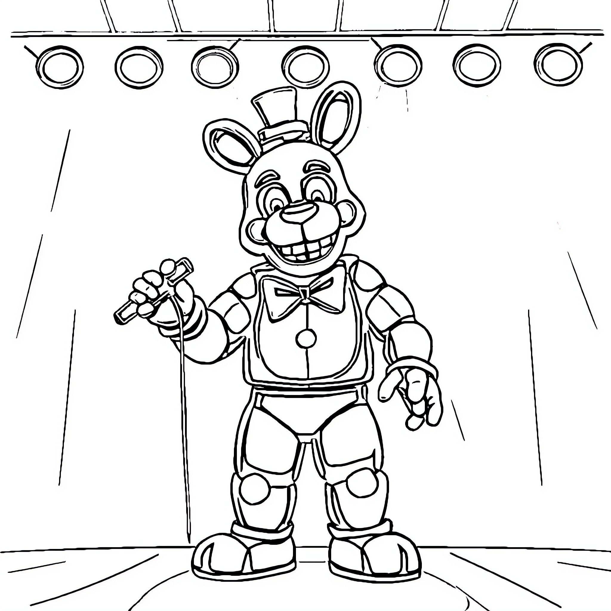 Freddy Fazbear performing on stage with microphone Coloring Page (free black-and-white line drawing printable PDF for all, from beginners to advanced learners, including children, teens, adults, and seniors)