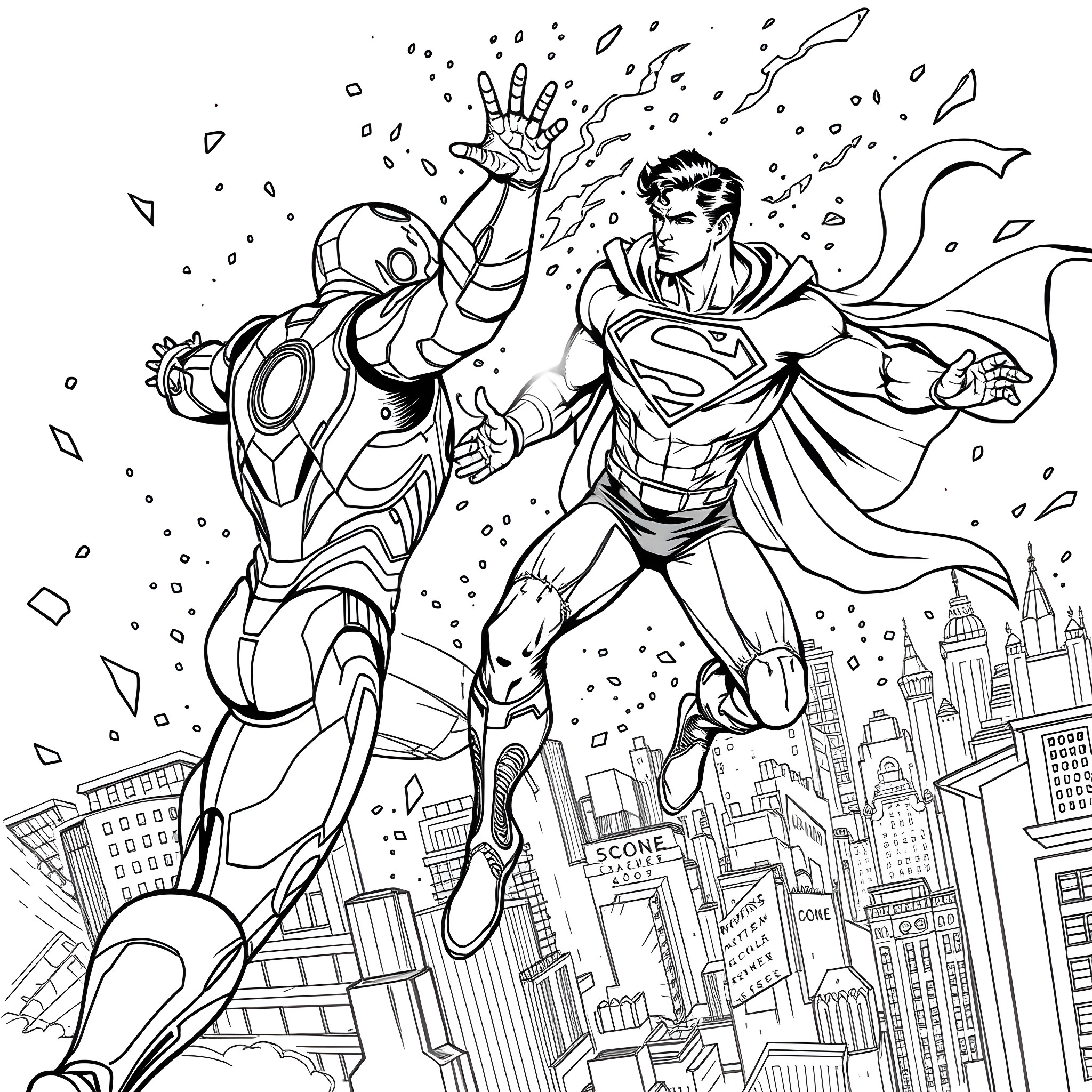 Iron Man and Superman battling heroically over a city Coloring Page (free black-and-white line drawing printable PDF for all, from beginners to advanced learners, including children, teens, adults, and seniors)