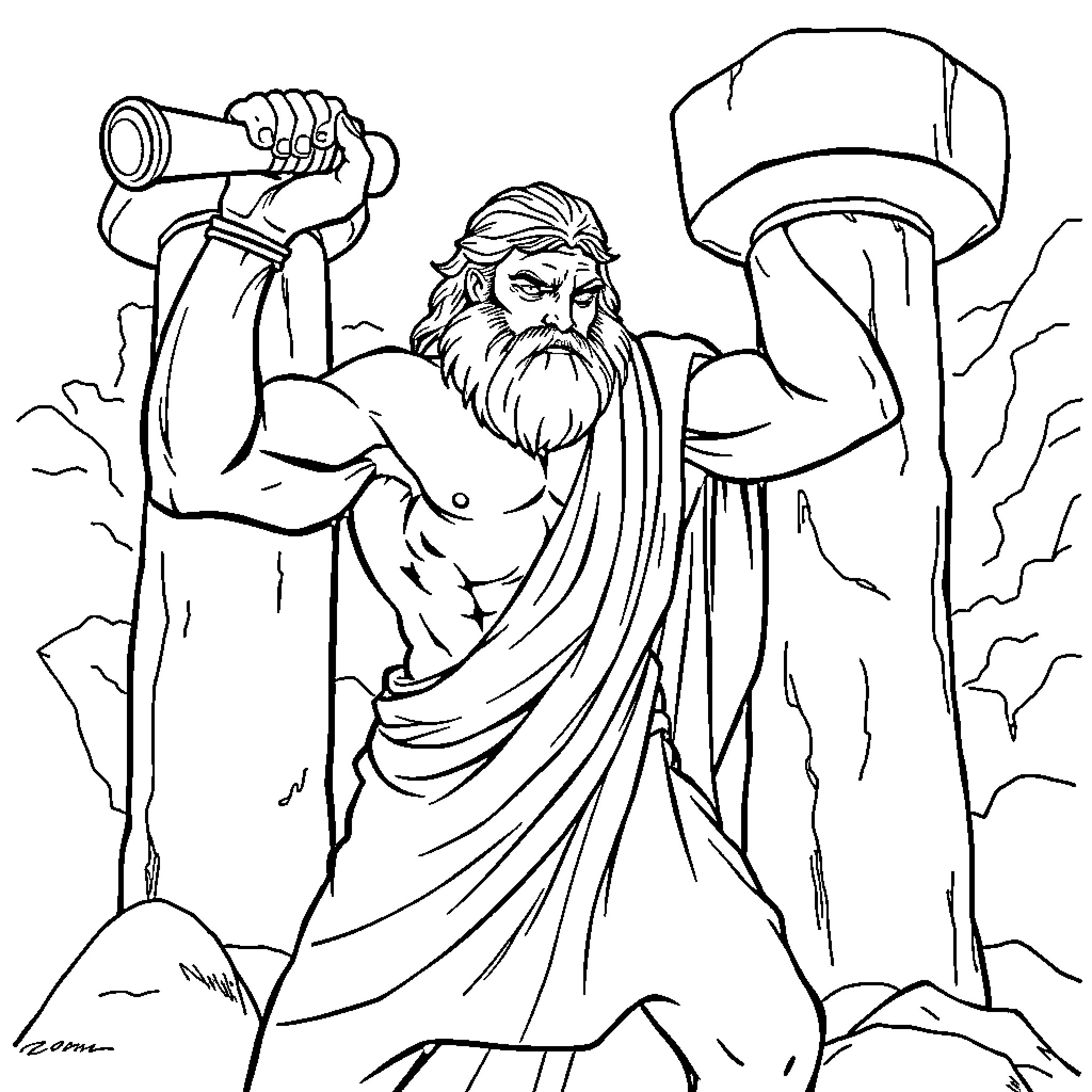 Sampson the Mighty Warrior Wielding a Mighty Hammer Coloring Page (free black-and-white line drawing printable PDF for all, from beginners to advanced learners, including children, teens, adults, and seniors)