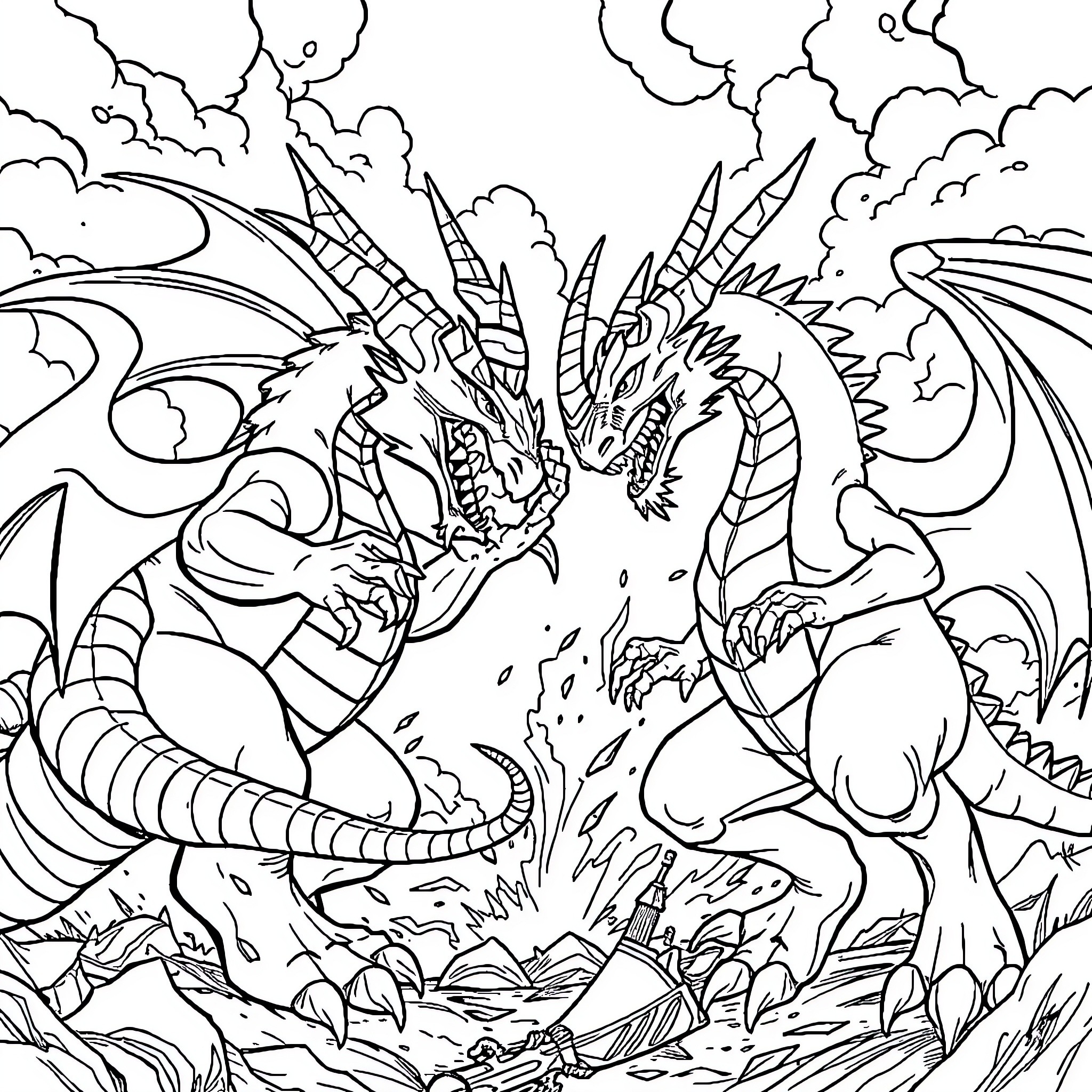 Goodra battling a fierce dragon in a fiery landscape Coloring Page (free black-and-white line drawing printable PDF for all, from beginners to advanced learners, including children, teens, adults, and seniors)