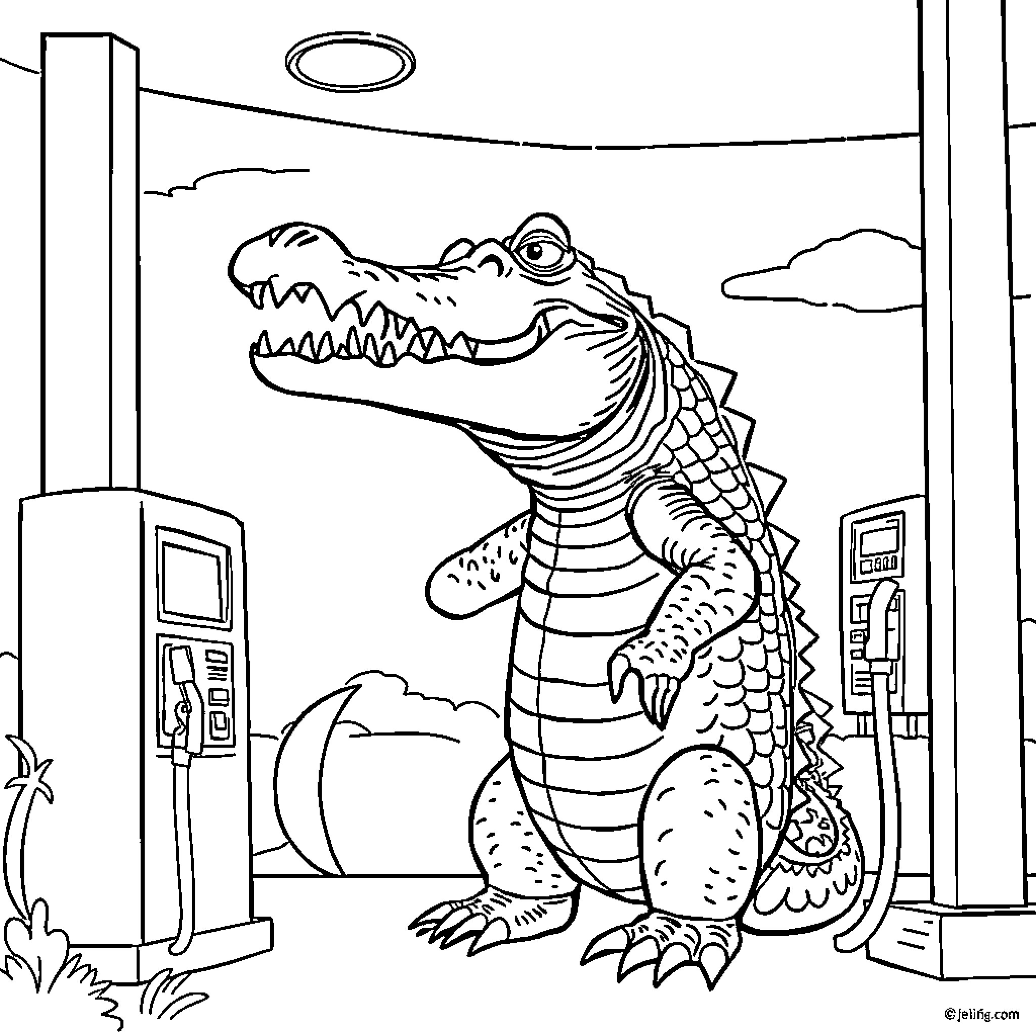 Alligator roaming the city streets Coloring Page (free black-and-white line drawing printable PDF for all, from beginners to advanced learners, including children, teens, adults, and seniors)