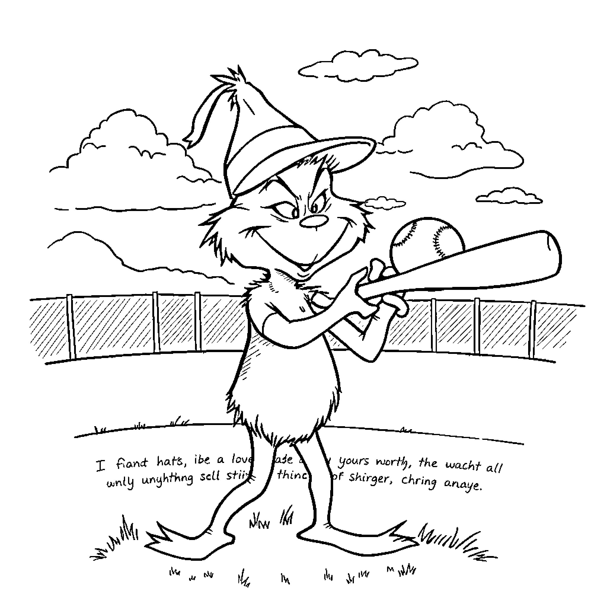 Grinch Playing Baseball in the Park Coloring Page (free black-and-white line drawing printable PDF for all, from beginners to advanced learners, including children, teens, adults, and seniors)