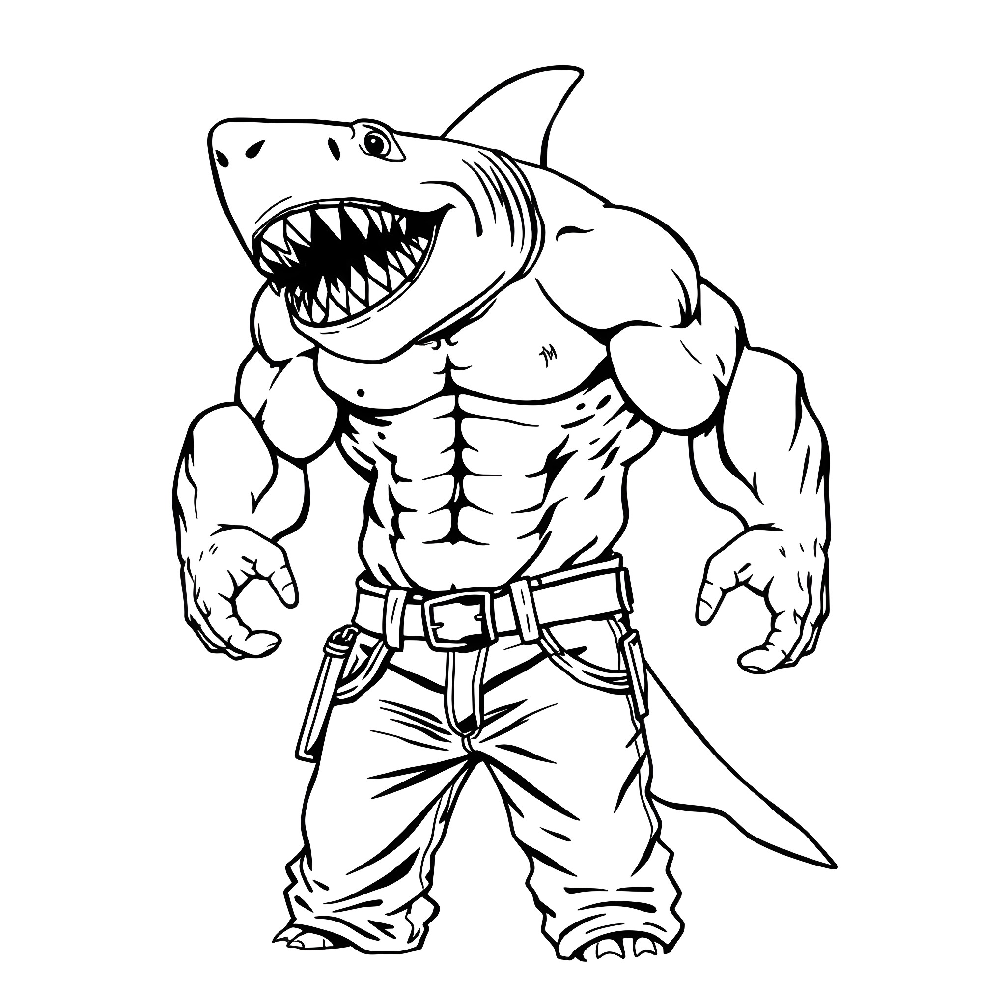 Shark character with muscular physique posing menacingly Coloring Page (free black-and-white line drawing printable PDF for all, from beginners to advanced learners, including children, teens, adults, and seniors)