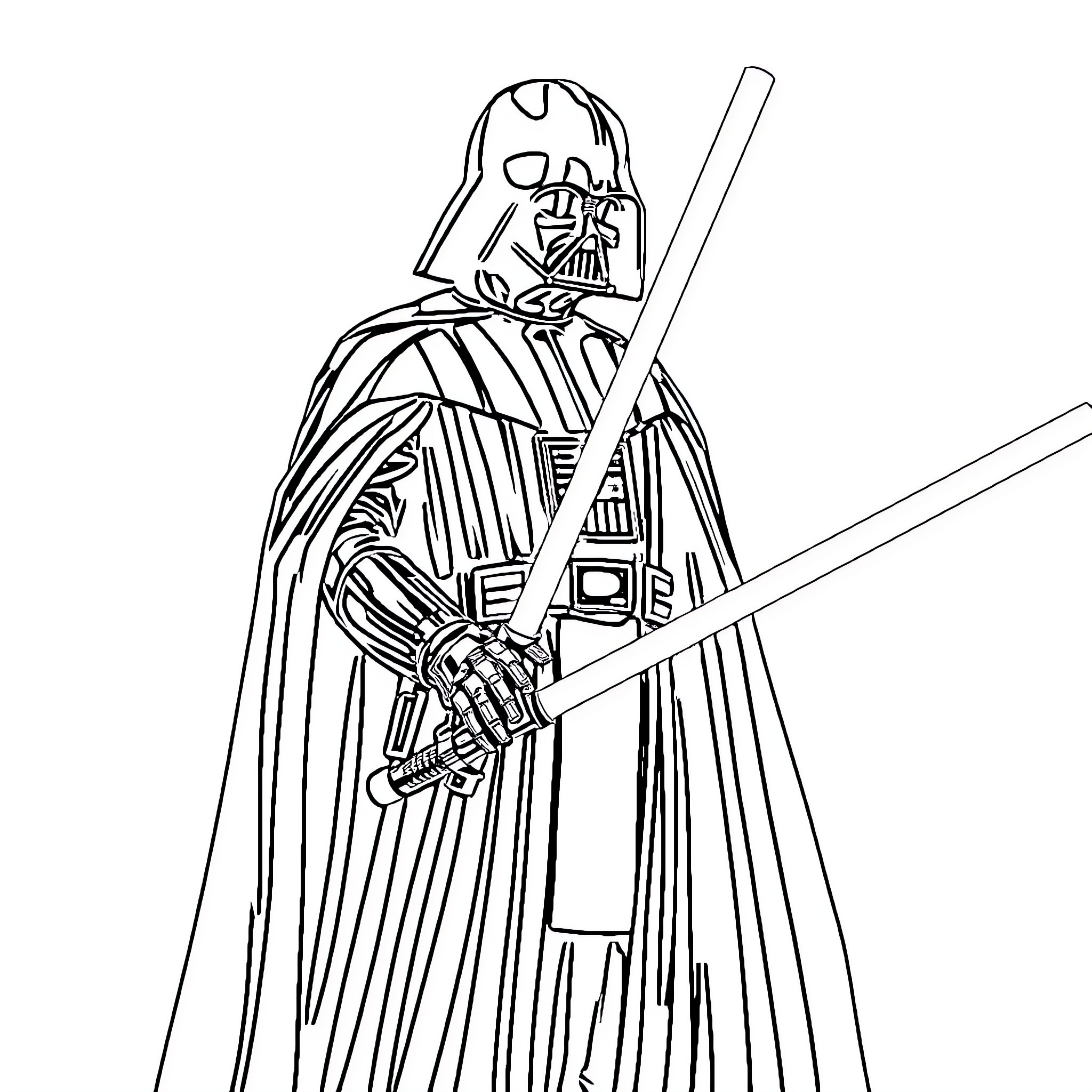 Darth Vader wielding his lightsaber in a dramatic pose Coloring Page (free black-and-white line drawing printable PDF for all, from beginners to advanced learners, including children, teens, adults, and seniors)