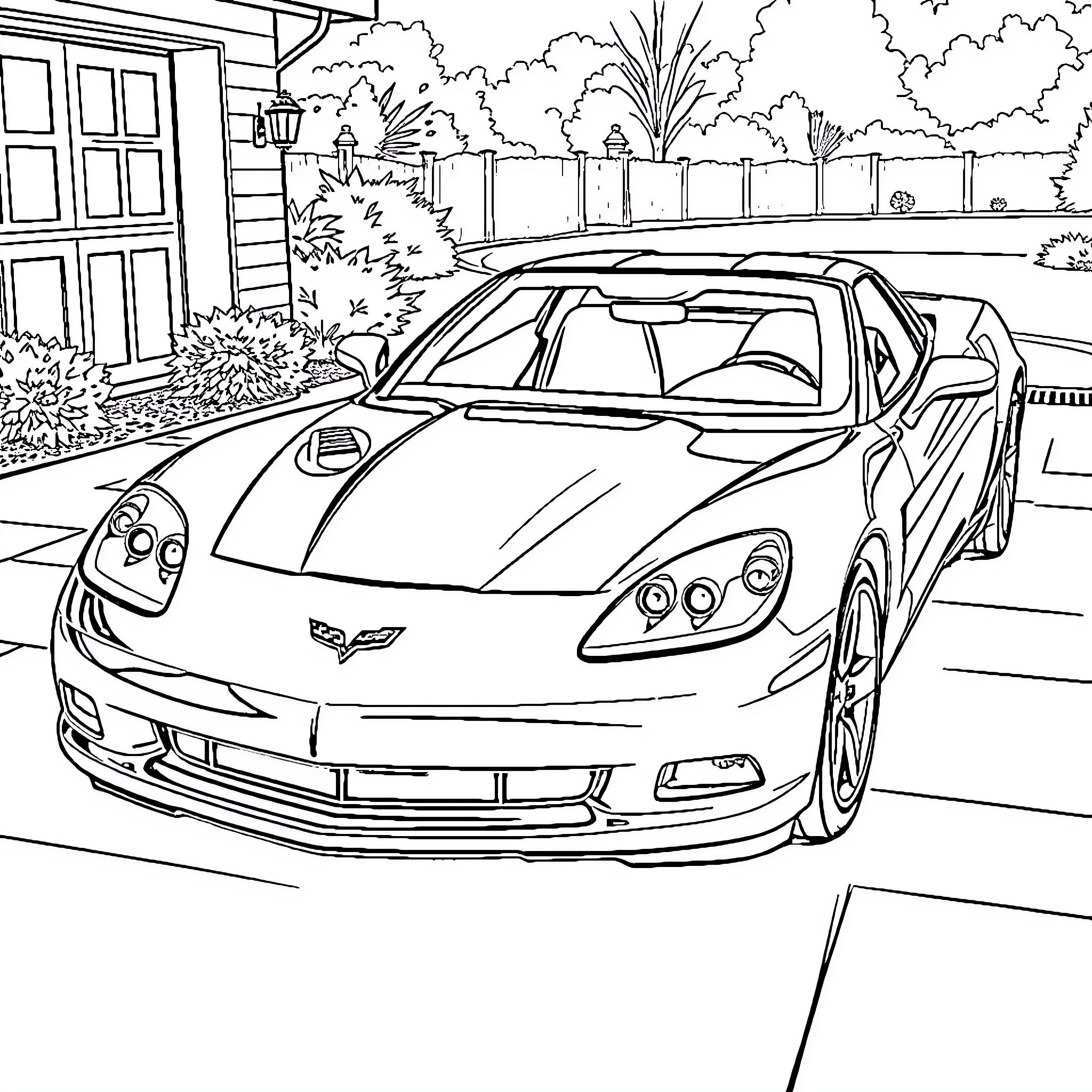 Chevrolet Corvette parked in a driveway Coloring Page (free black-and-white line drawing printable PDF for all, from beginners to advanced learners, including children, teens, adults, and seniors)
