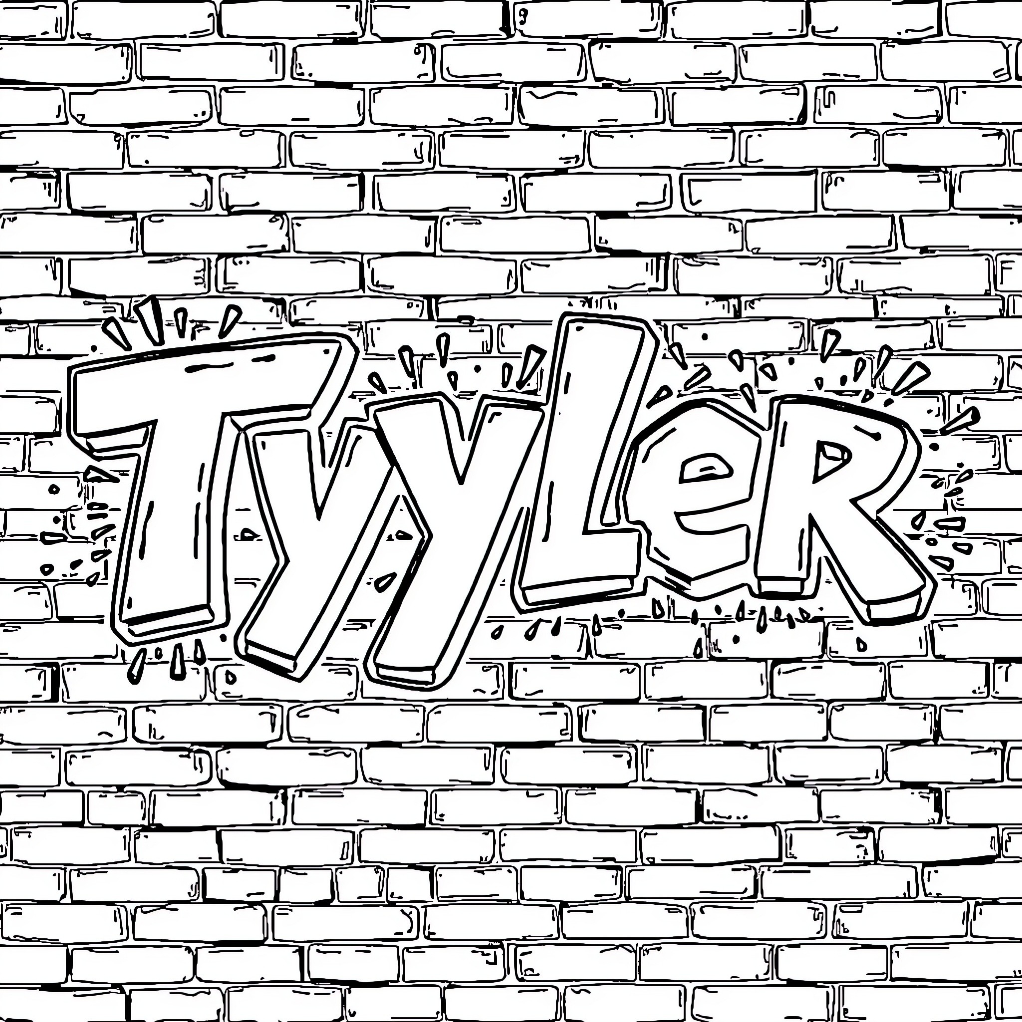 Tyler's Graffiti on the Brick Wall Coloring Page (free black-and-white line drawing printable PDF for all, from beginners to advanced learners, including children, teens, adults, and seniors)