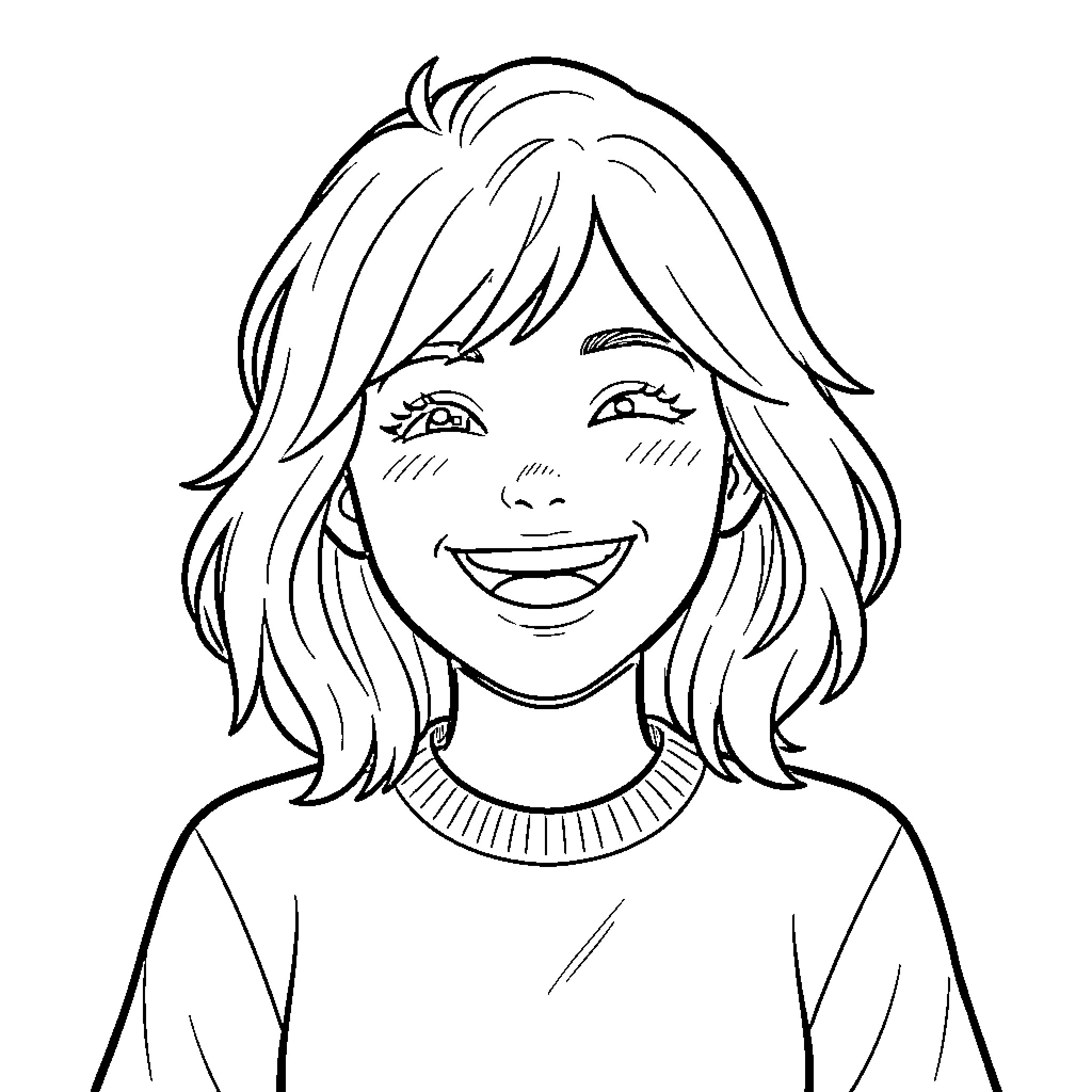 Cawai happy girl smiling with joyful expression Coloring Page (free black-and-white line drawing printable PDF for all, from beginners to advanced learners, including children, teens, adults, and seniors)