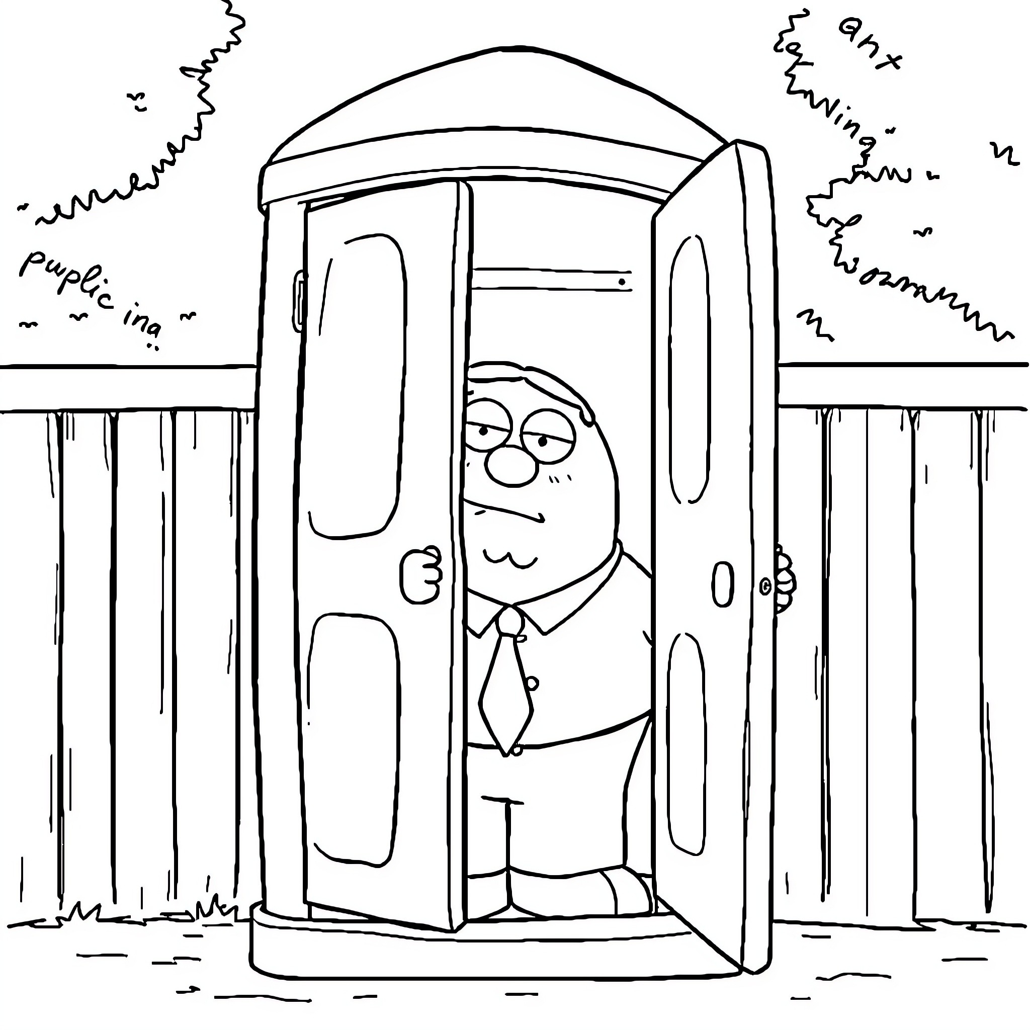 Peter Griffin peering out of a portable restroom Coloring Page (free black-and-white line drawing printable PDF for all, from beginners to advanced learners, including children, teens, adults, and seniors)