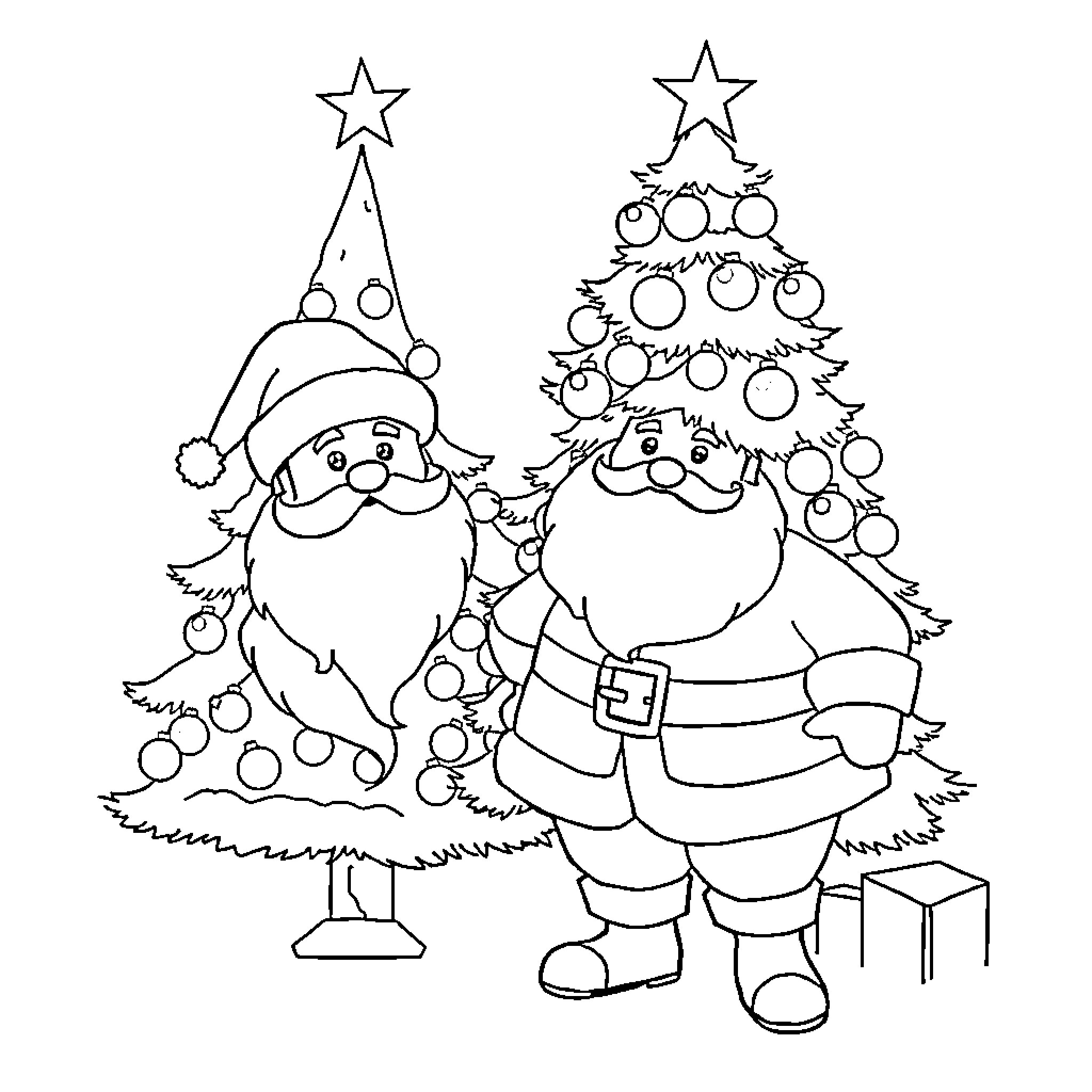Christmas Tree with Santa and Presents Coloring Page (free black-and-white line drawing printable PDF for all, from beginners to advanced learners, including children, teens, adults, and seniors)