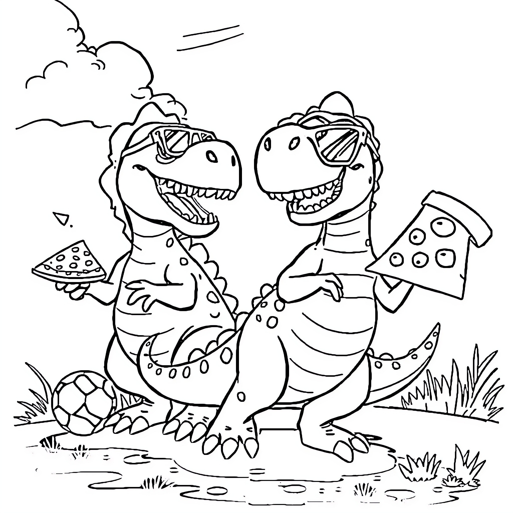Dinosaurs enjoying a pizza party in the park Coloring Page (free black-and-white line drawing printable PDF for all, from beginners to advanced learners, including children, teens, adults, and seniors)