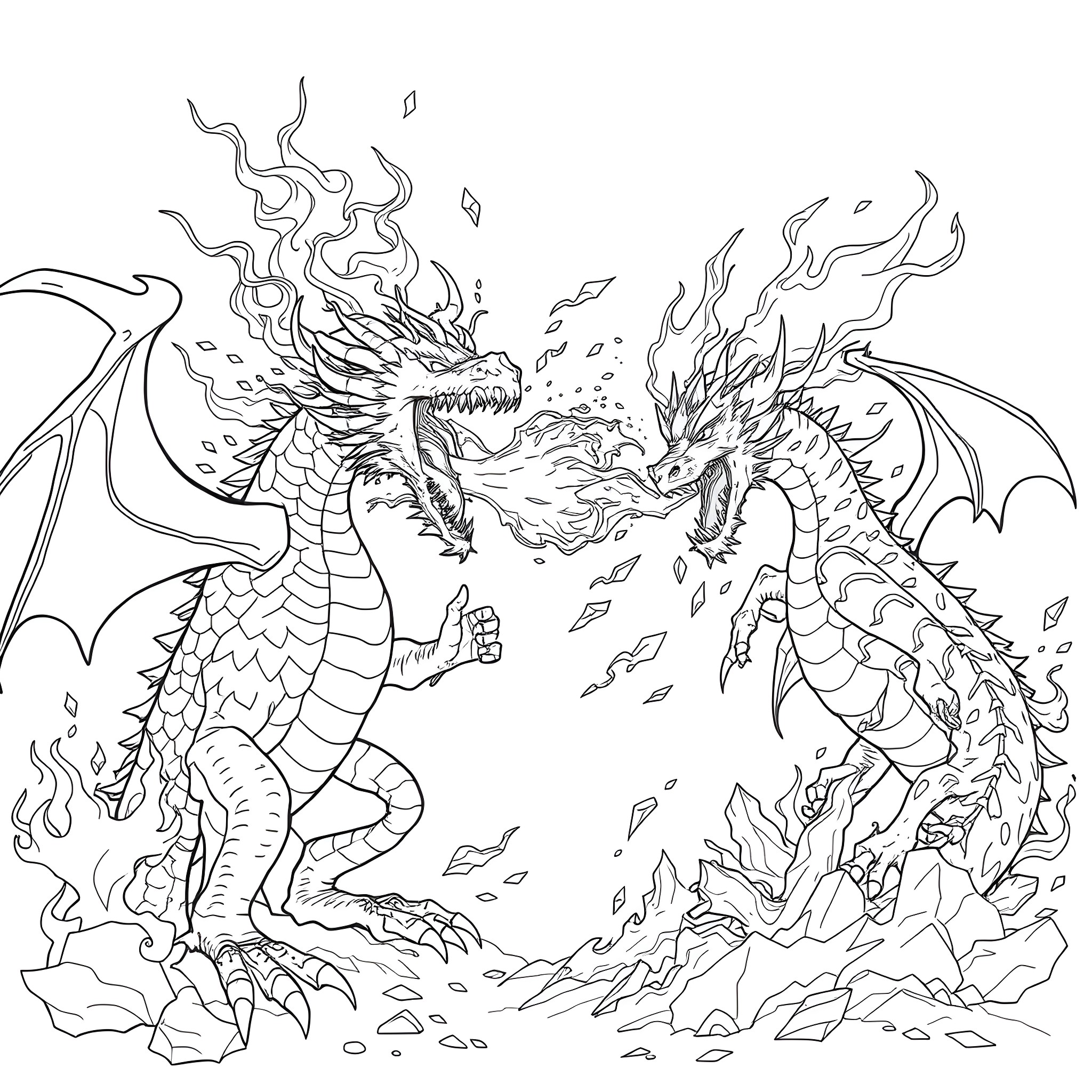 Dragon's Fiery Clash Coloring Page (free black-and-white line drawing printable PDF for all, from beginners to advanced learners, including children, teens, adults, and seniors)