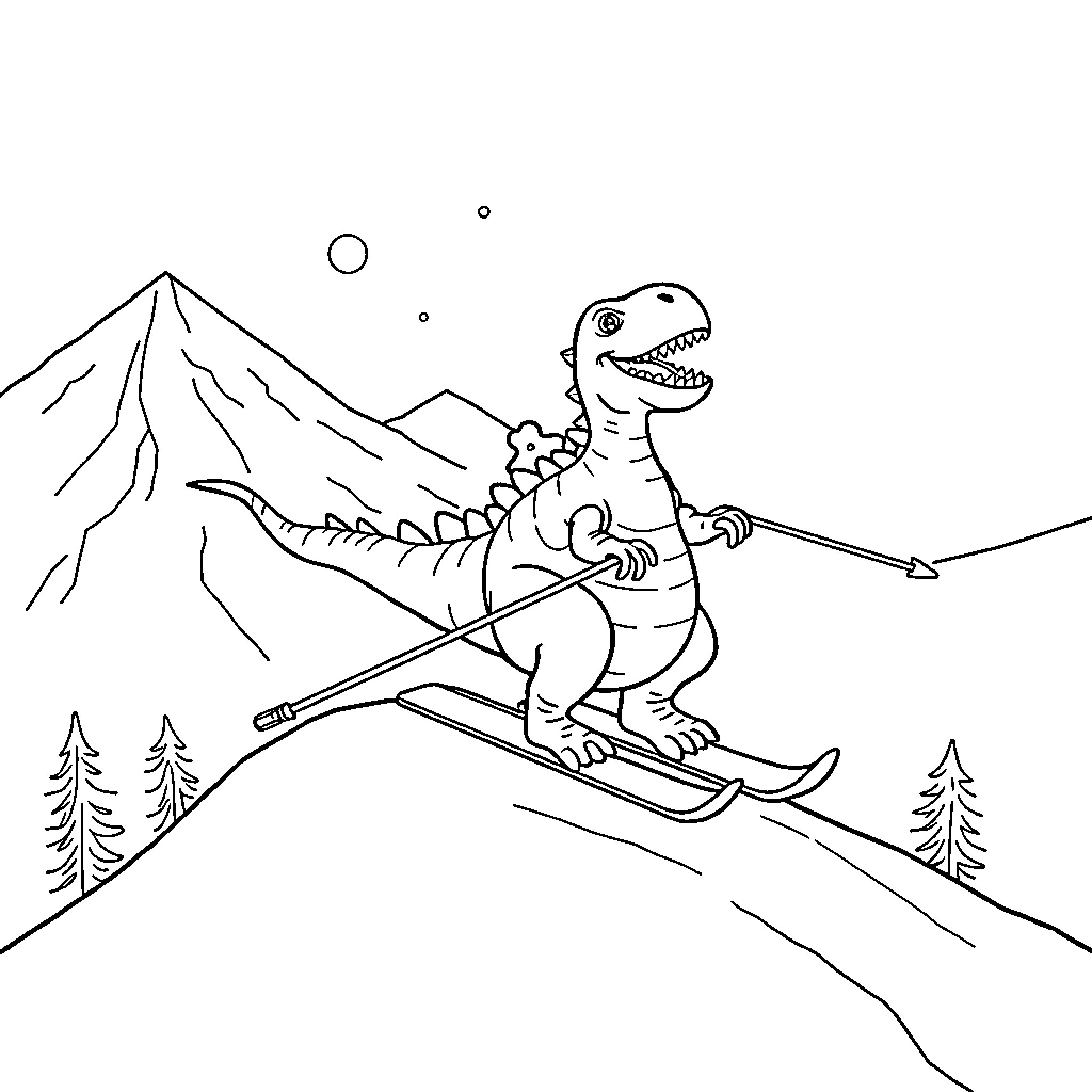 Dinosaur Skiing Down Snowy Mountain Coloring Page (free black-and-white line drawing printable PDF for all, from beginners to advanced learners, including children, teens, adults, and seniors)