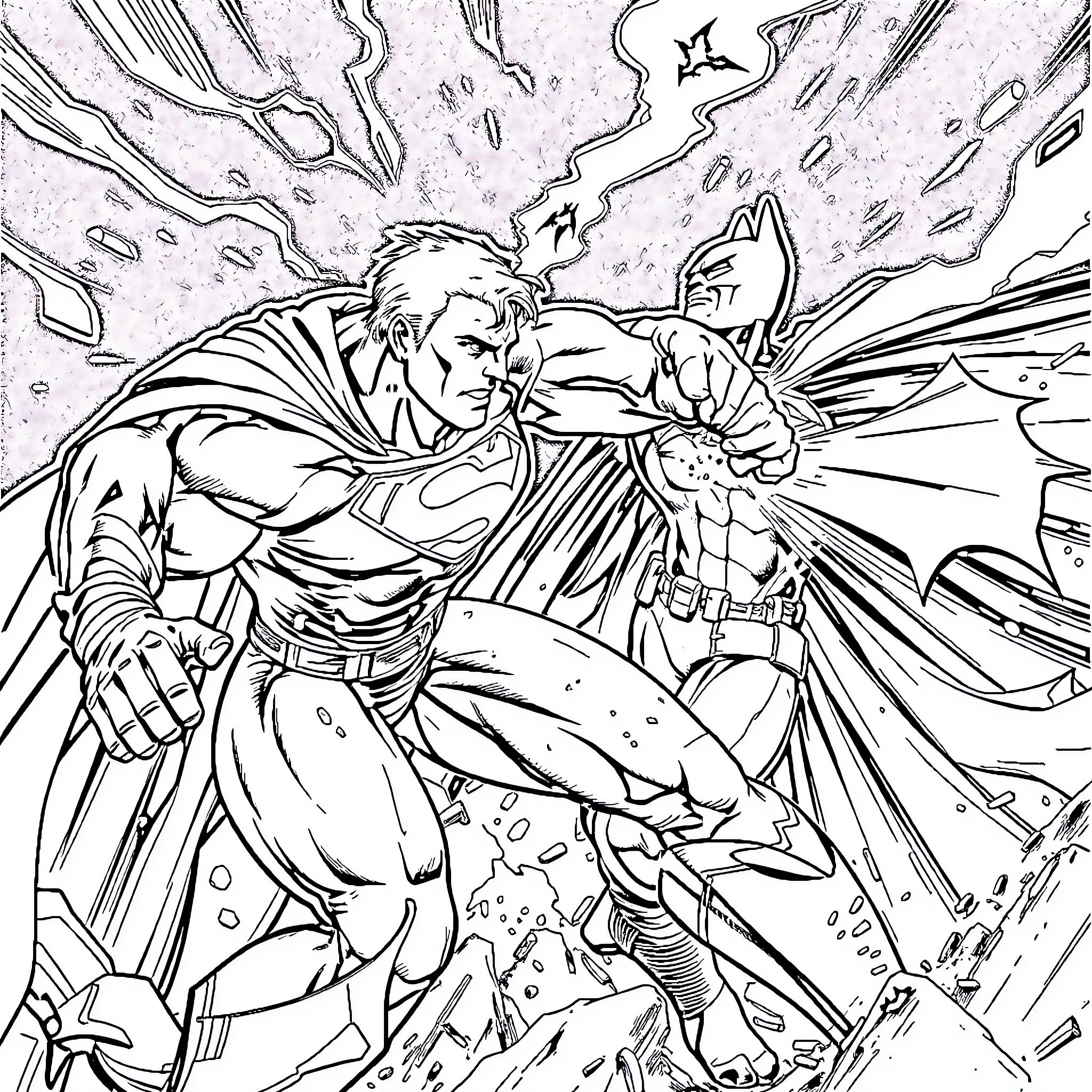 Superman's epic battle against a powerful foe Coloring Page (free black-and-white line drawing printable PDF for all, from beginners to advanced learners, including children, teens, adults, and seniors)