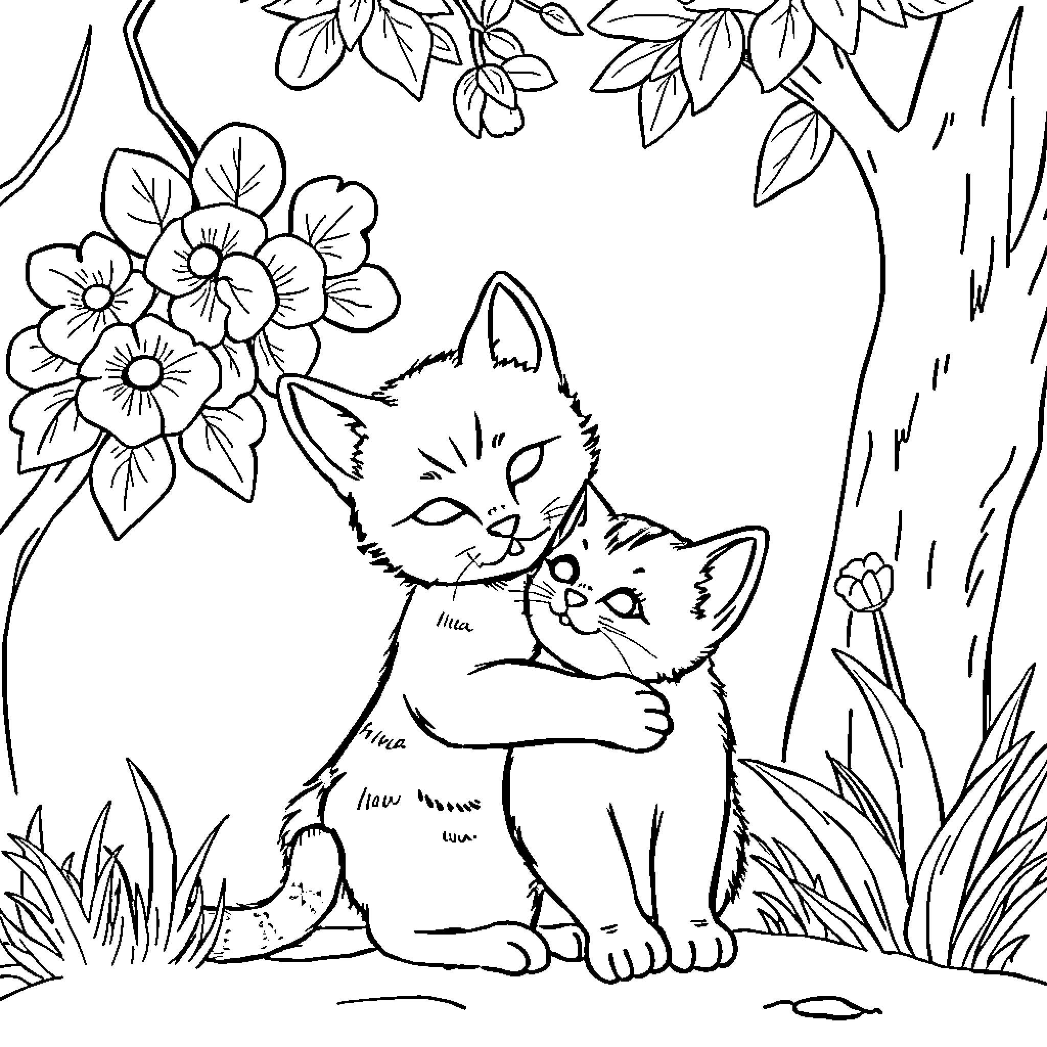 Kittens playing in a floral garden Coloring Page (free black-and-white line drawing printable PDF for all, from beginners to advanced learners, including children, teens, adults, and seniors)