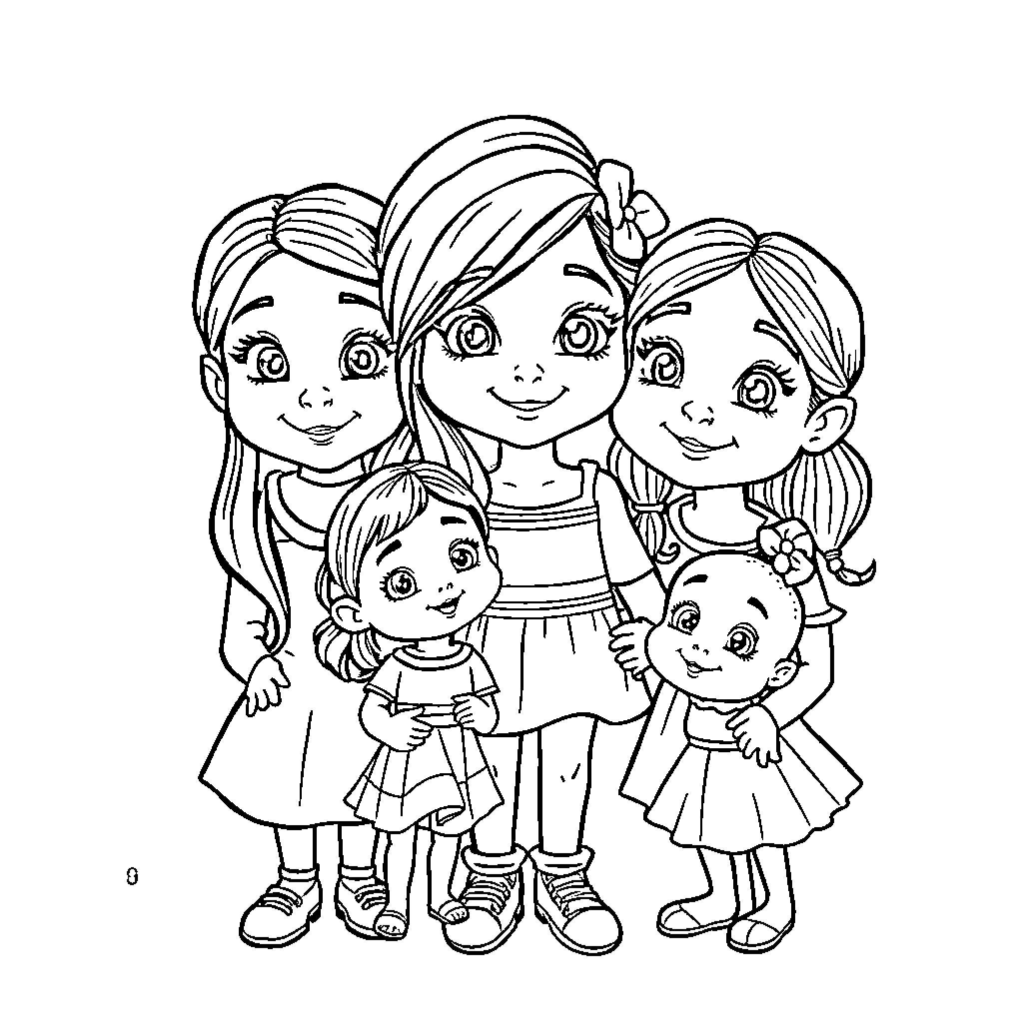Gabi and her happy family in a group photo Coloring Page (free black-and-white line drawing printable PDF for all, from beginners to advanced learners, including children, teens, adults, and seniors)