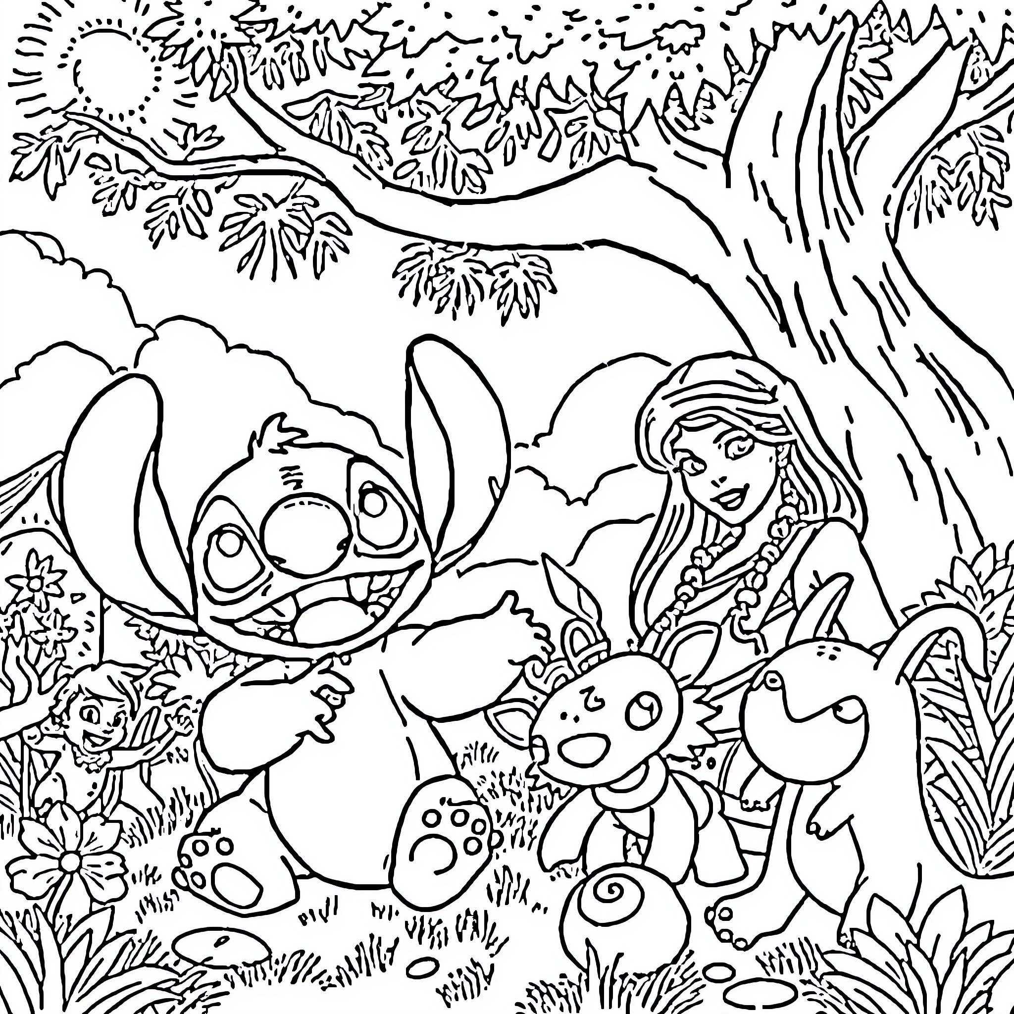 Lilo and her friends exploring the lush forest Coloring Page (free black-and-white line drawing printable PDF for all, from beginners to advanced learners, including children, teens, adults, and seniors)