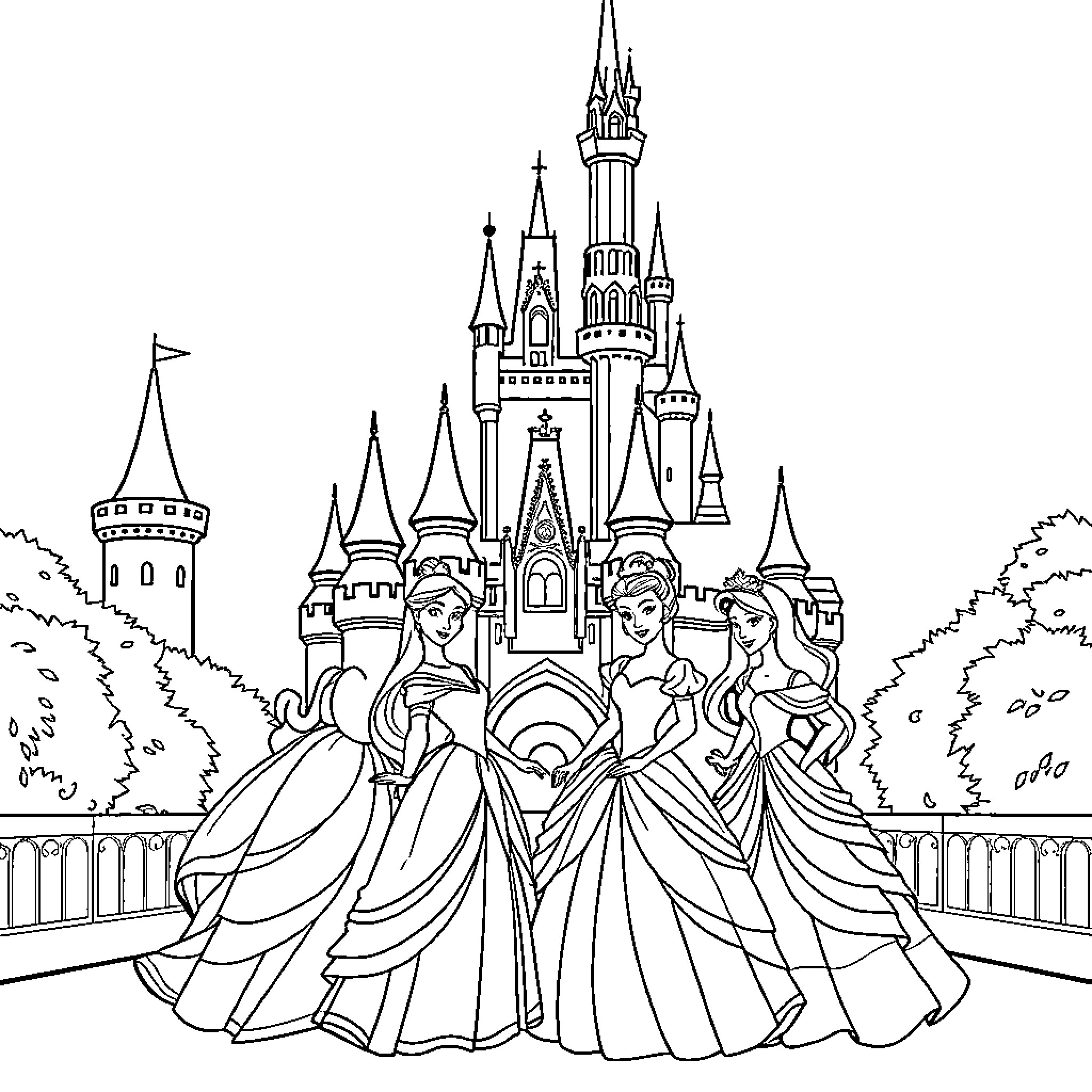 Princess Gathering in the Royal Castle Coloring Page (free black-and-white line drawing printable PDF for all, from beginners to advanced learners, including children, teens, adults, and seniors)