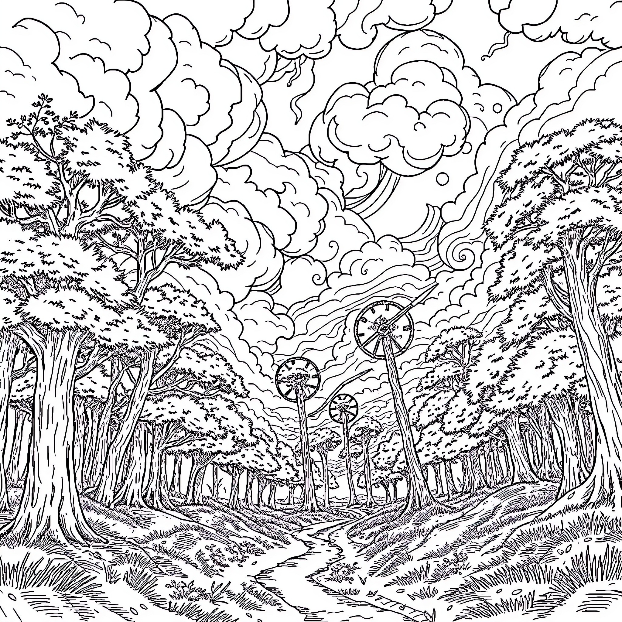 Clan Wars: Fantastical Forest Frenzy Coloring Page (free black-and-white line drawing printable PDF for all, from beginners to advanced learners, including children, teens, adults, and seniors)